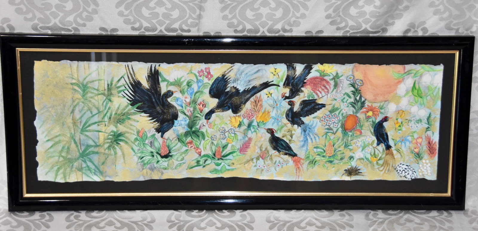 Garden Birds Motif Mixed Media Paper Bamboo Painting Wall Decor Framed - 2