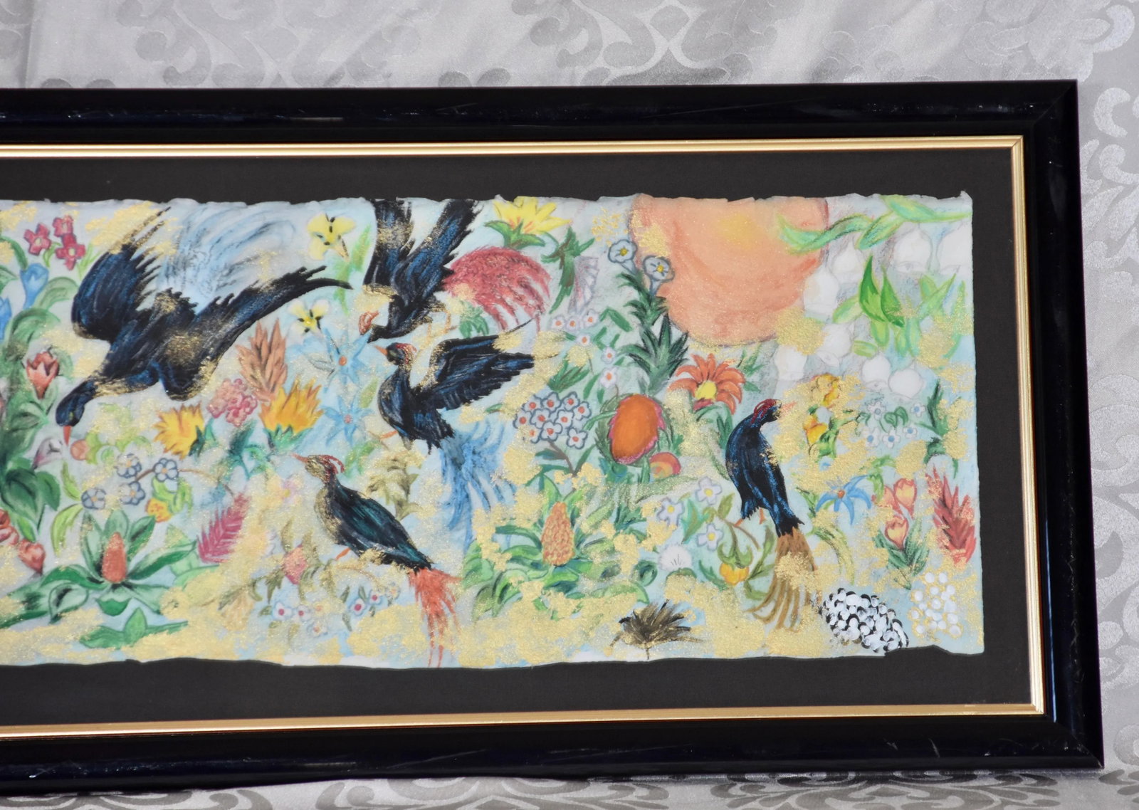 Garden Birds Motif Mixed Media Paper Bamboo Painting Wall Decor Framed - 4