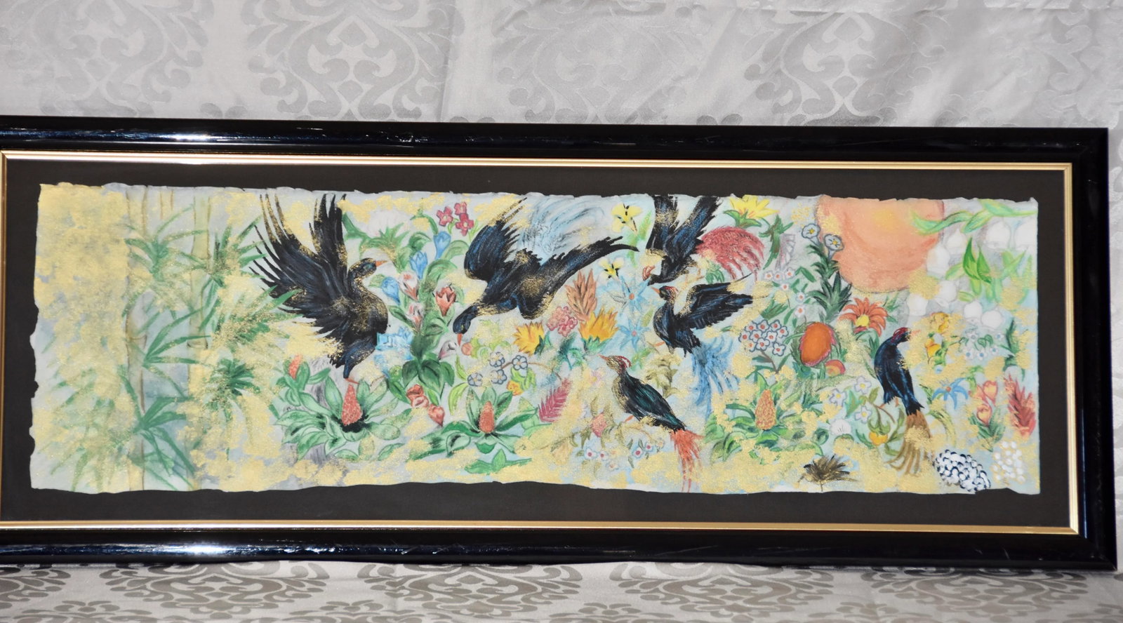 Garden Birds Motif Mixed Media Paper Bamboo Painting Wall Decor Framed - 5