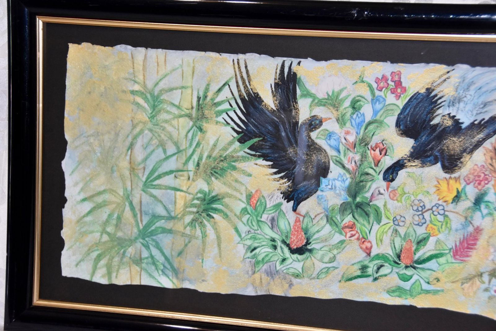 Garden Birds Motif Mixed Media Paper Bamboo Painting Wall Decor Framed - 6