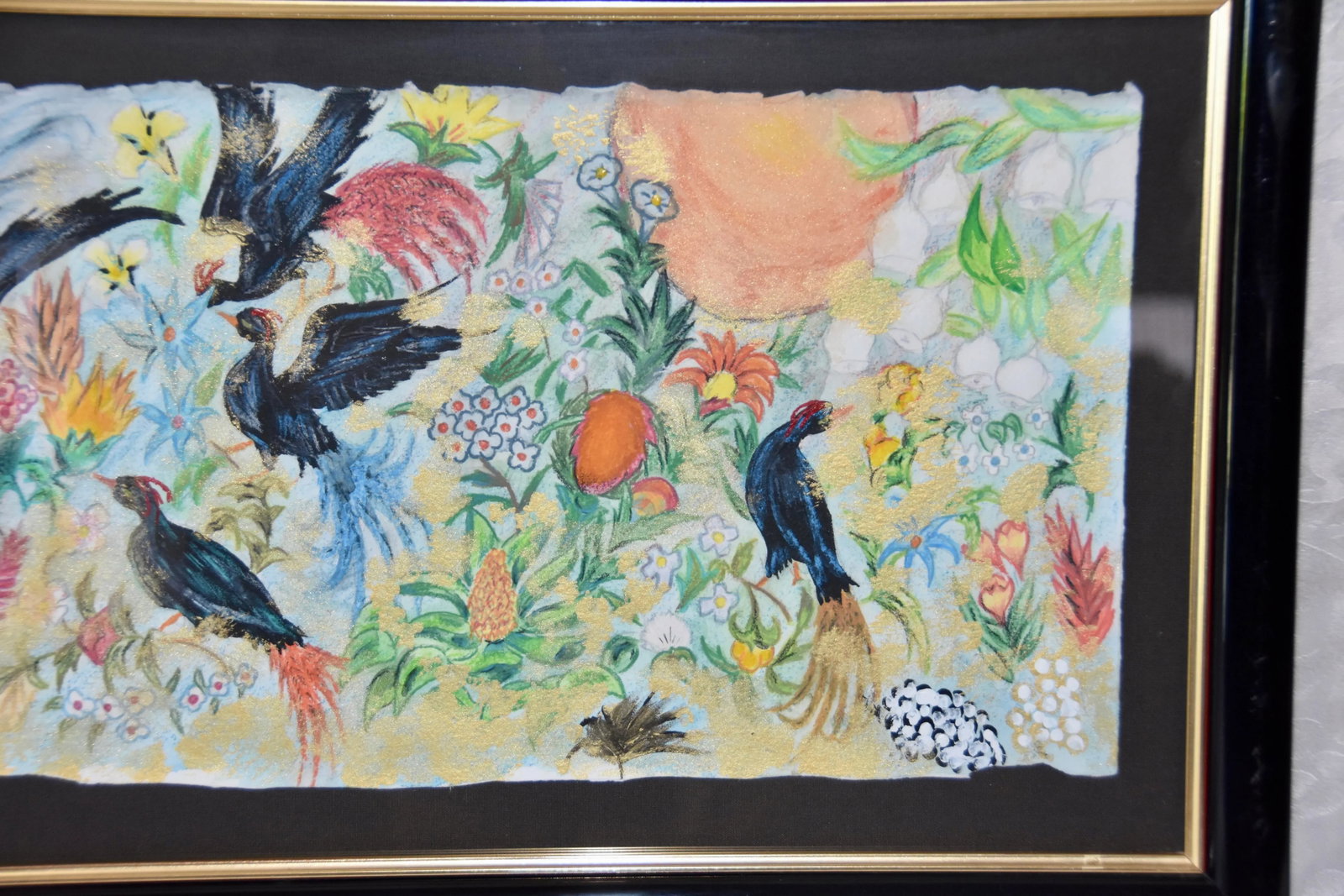 Garden Birds Motif Mixed Media Paper Bamboo Painting Wall Decor Framed - 7