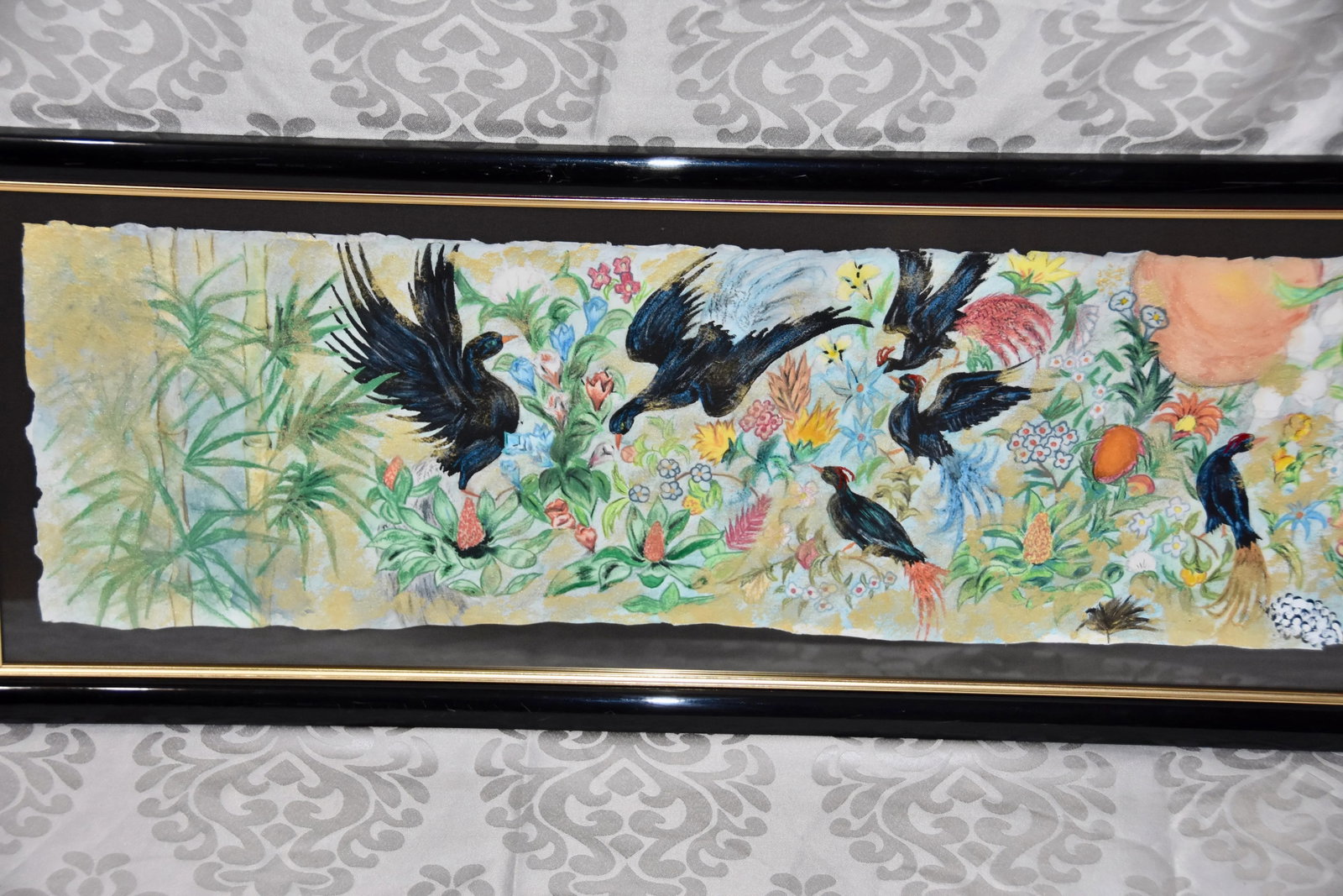 Garden Birds Motif Mixed Media Paper Bamboo Painting Wall Decor Framed - 8