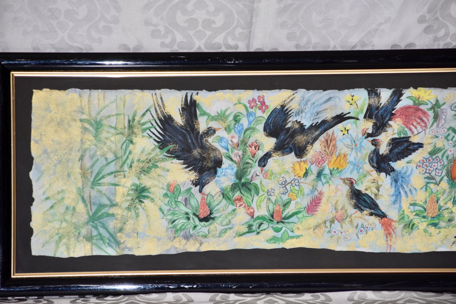 Garden Birds Motif Mixed Media Paper Bamboo Painting Wall Decor Framed - 9
