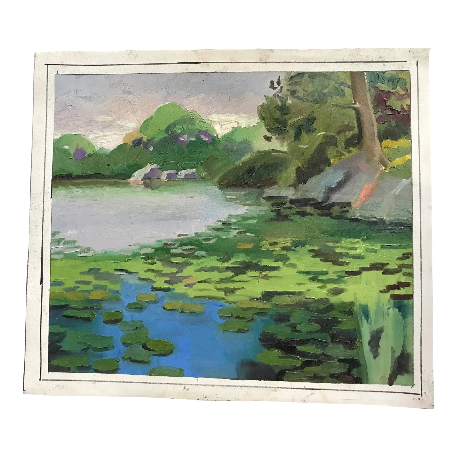 Water Lilies in the Harlem Meer Oil Painting: This original David Beynon Pena oil painting of water lilies in the Harlem Meer at the top of Central Park in NYC was painted on location. It is stamped on the back with the artist's name and studio