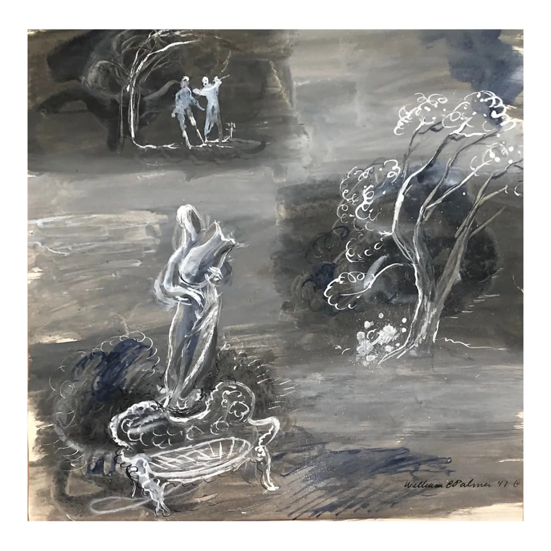 1947 Garden Scene Painting by William Palmer: Watercolor and gouache, signed and dated lower right. Born in Des Moines, Iowa, William Charles Palmer (1906-1987) studied at the Art Students League under Thomas Hart Benton and studied fresco