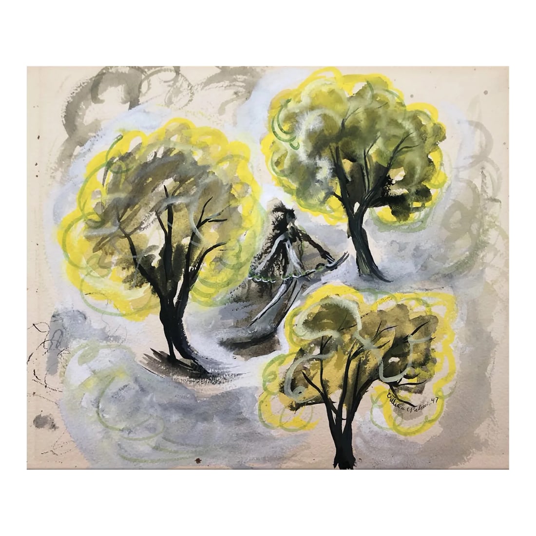 1947 William Palmer Dancer in Landscape Watercolor: Gouache and watercolor; signed and dated lower right. Born in Des Moines, Iowa, William Charles Palmer (1906-1987) studied at the Art Students League under Thomas Hart Benton and studied fresco painti
