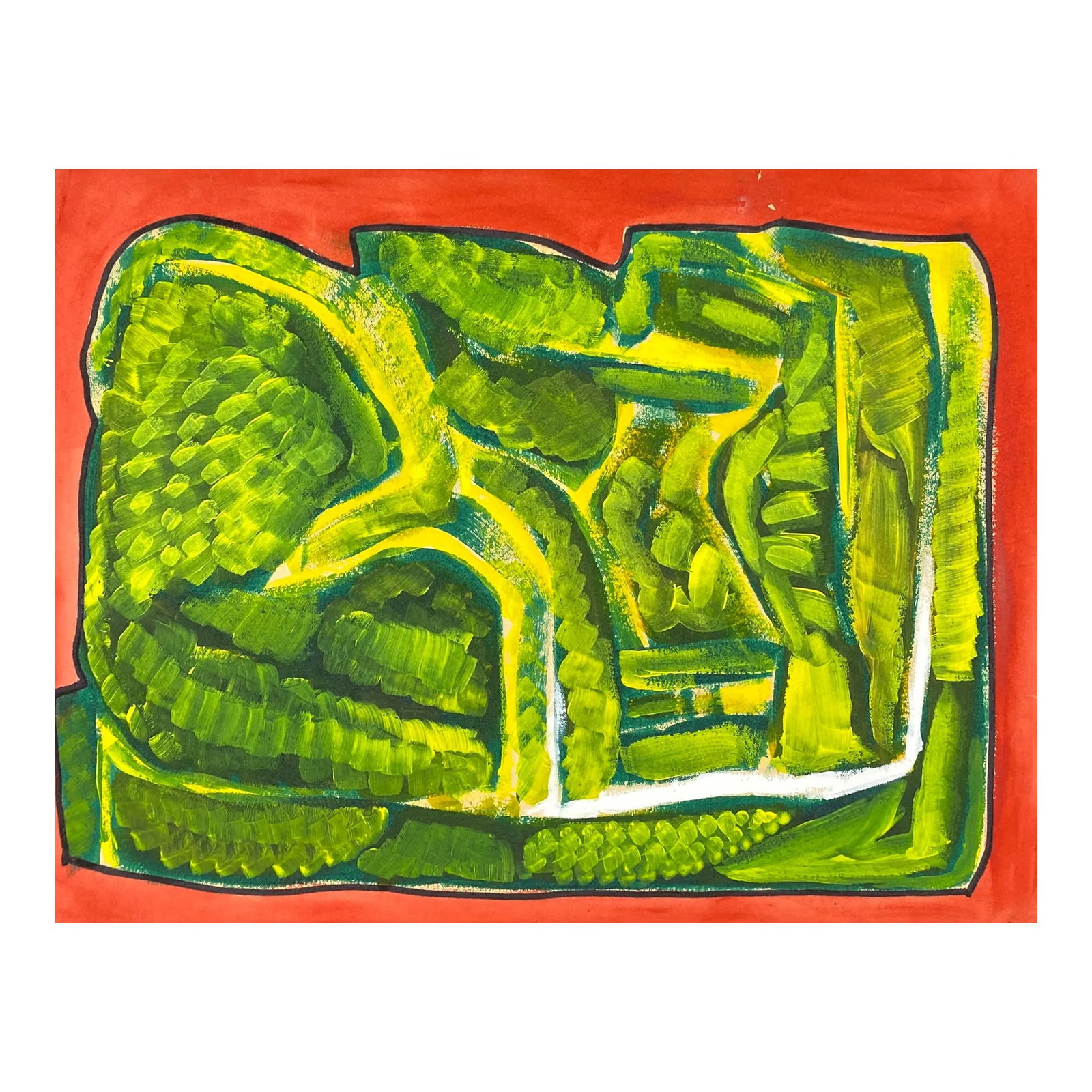 1960s Larry Connatser Abstract Landscape Painting: Acrylic on paper from the estate of Atlanta self taught artist Laurence Stuart Connatser (1938-1996). Connatser was born in Birmingham, Alabama and grew up in Atlanta. He earned degree in literature