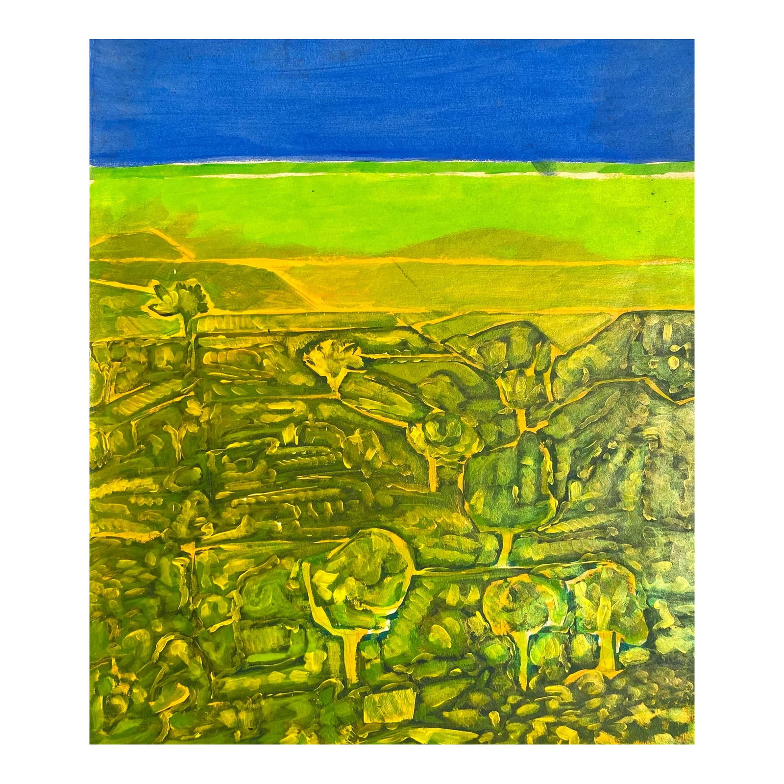1960s Larry Connatser Modern Landscape Painting: Painting on paper from the estate of Atlanta self taught artist Laurence Stuart Connatser (1938-1996). Connatser was born in Birmingham, Alabama and grew up in Atlanta. He earned degree in literature 