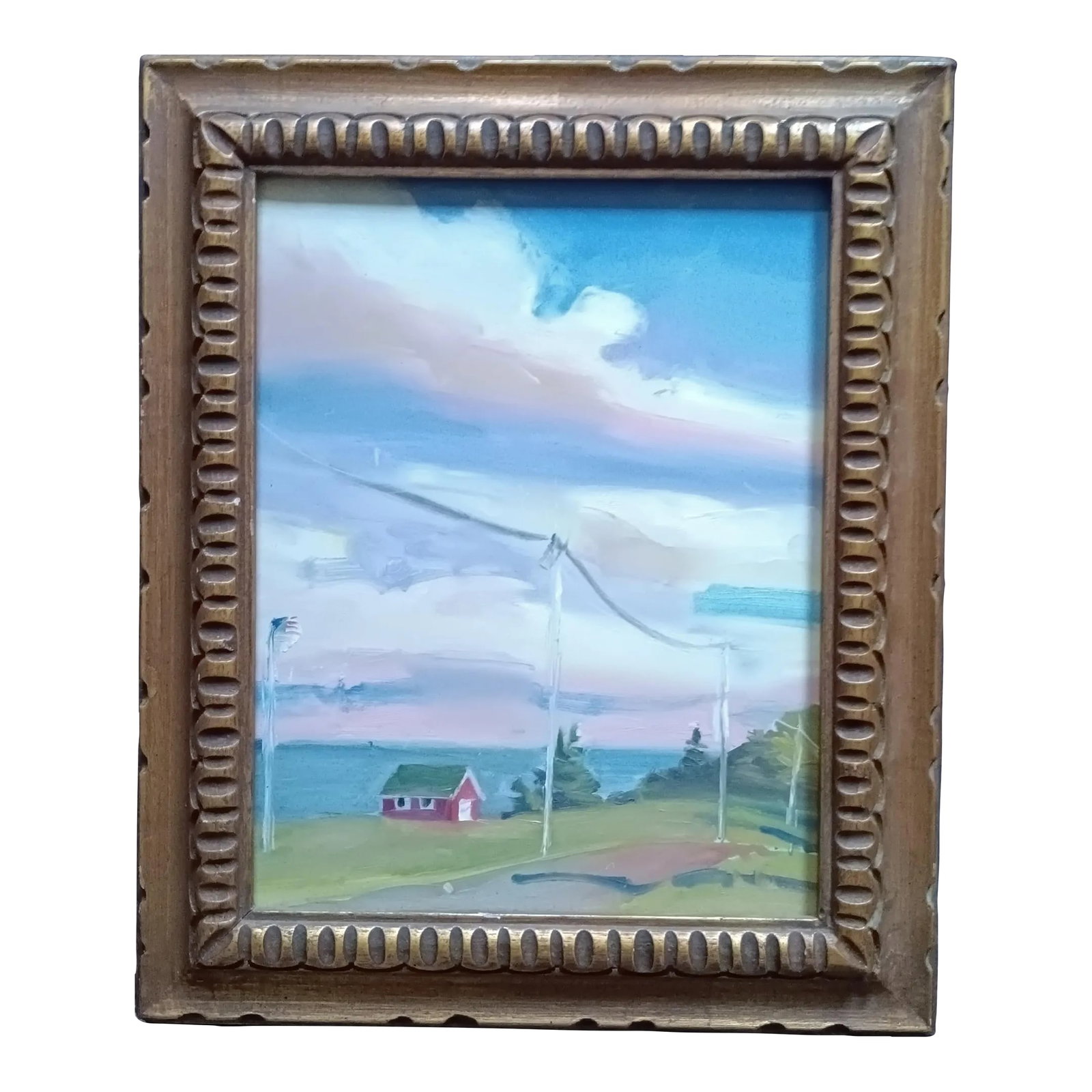 Red Boathouse on Crabtree Point Road Original Oil Painting, Framed: Bask in the brilliance of coastal skies with David Beynon Pena's original oil painting, featuring the red boathouse on Crabtree Point Road in Penobscot Bay. The property of Frank Benson, the world-ren