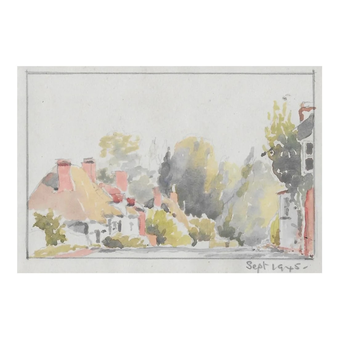 1945 Helen Smith English Village Watercolor: 1945 Helen Smith watercolor of the English village; possibly Bourton-on-the-Water in which she lived. Unsigned, dated lower right. Condition: Alterations: Original Condition Unaltered Imperfections: