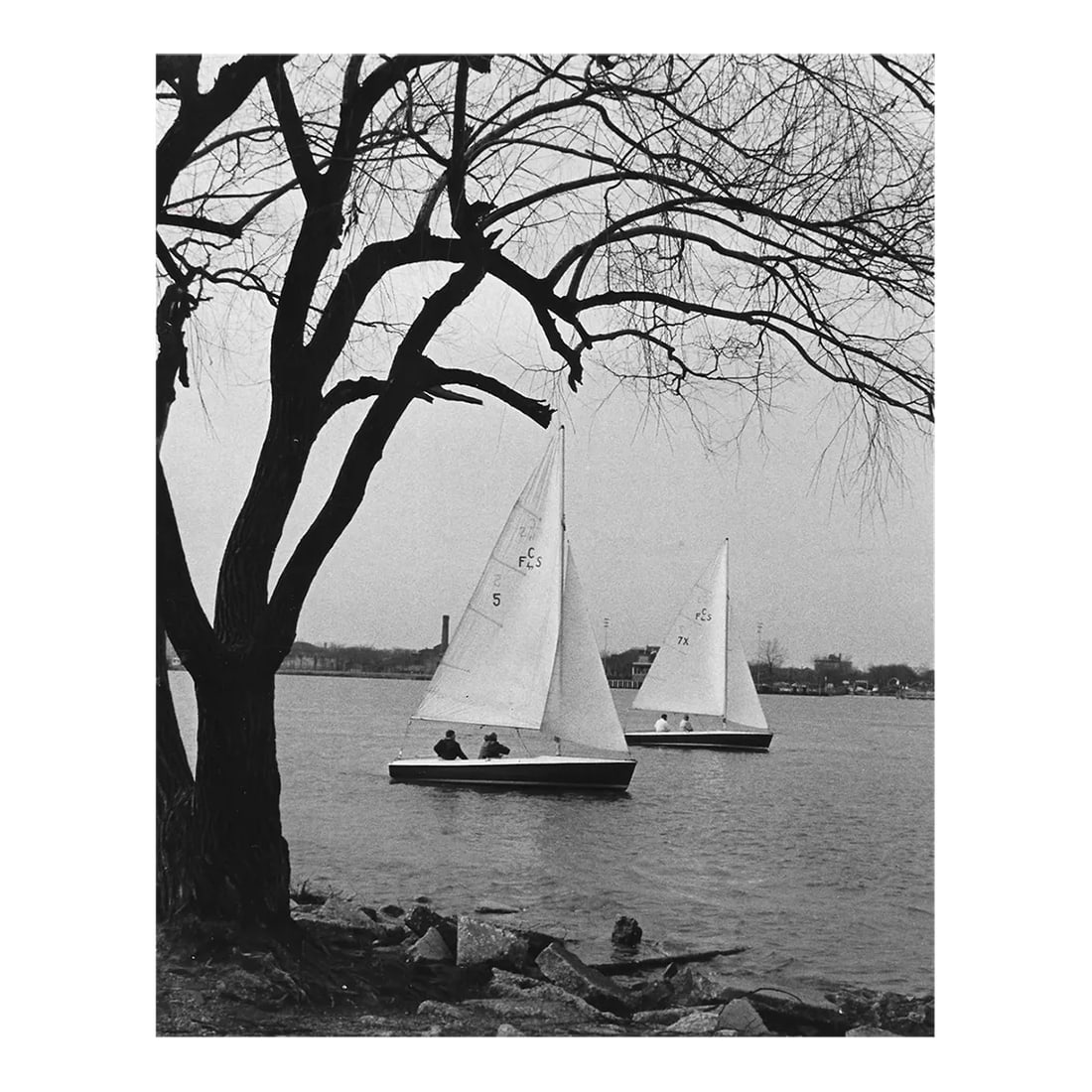 1962 Sailing in Detroit River Black and White Photograph: 1962 b & w nautical photo of the Flying Scot sailors and sail boats of the Detroit Yacht Club on the Detroit River. Publication information on the back. Condition: Alterations: Original Condition Unal