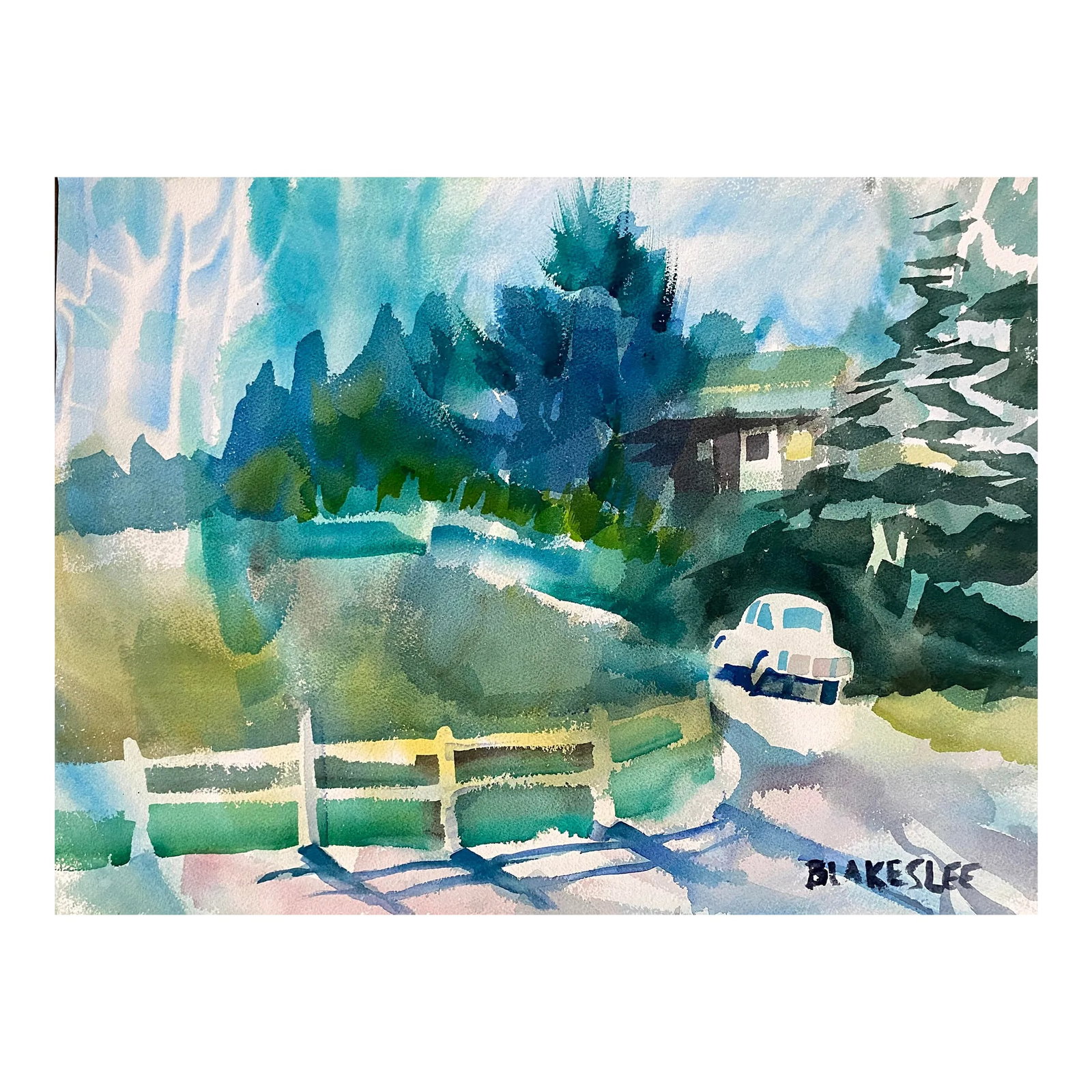 1960s Tina Blakeslee Landscape of a Neighborhood: 1960s Watercolor on paper of a street with a car and houses by artist Tina Blakeslee. Signed lower right. Condition: Alterations: Original Condition Unaltered Imperfections: Some Imperfections