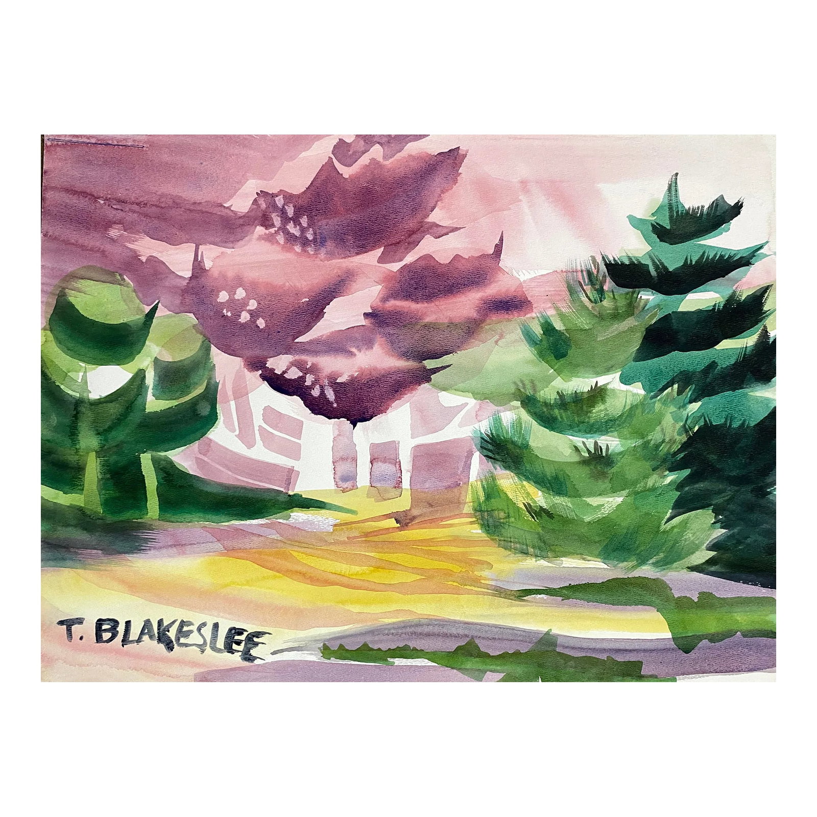 1960s Tina Blakeslee Purple Landscape With Evergreens: 1960s watercolor on paper of a scene with fur or cedar trees by artist Tina Blakeslee. Signed lower left. Condition: Alterations: Original Condition Unaltered Imperfections: Some Imperfections