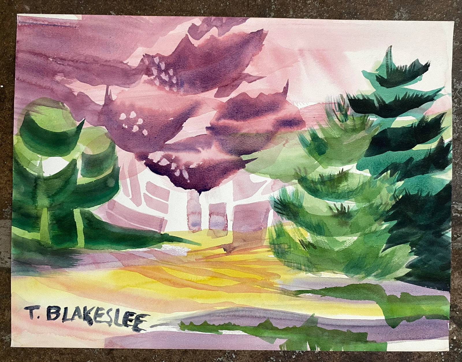 1960s Tina Blakeslee Purple Landscape With Evergreens - 2