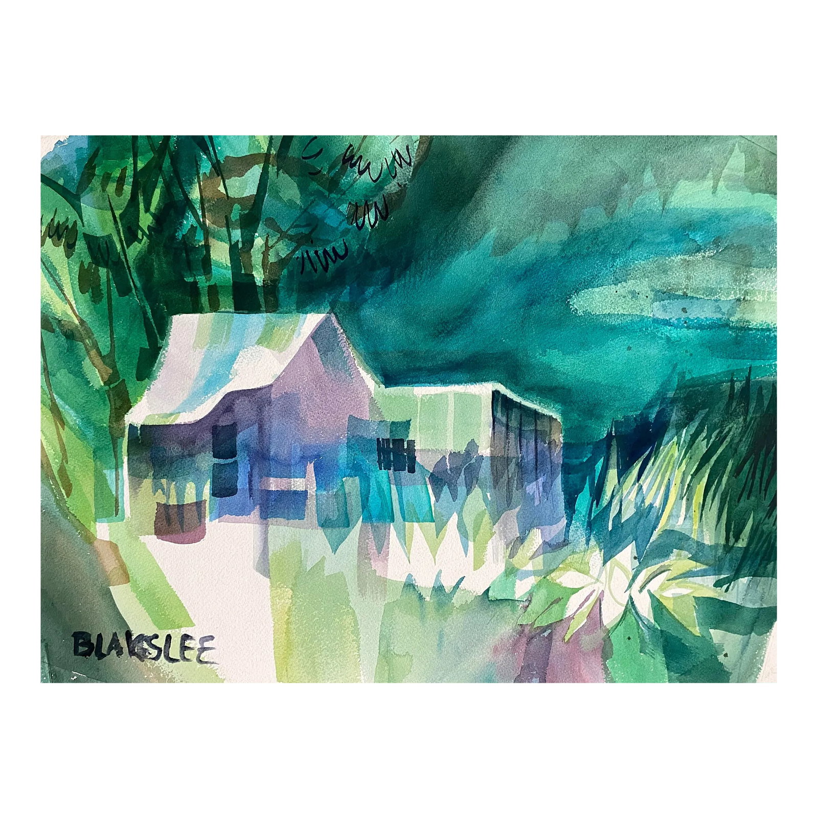 1960s Tina Blakeslee Modern Watercolor Landscape: 1960s MCM watercolor on paper of a modern farm scene by artist Tina Blakeslee. Signed lower left. Condition: Alterations: Original Condition Unaltered Imperfections: Some Imperfections Condition