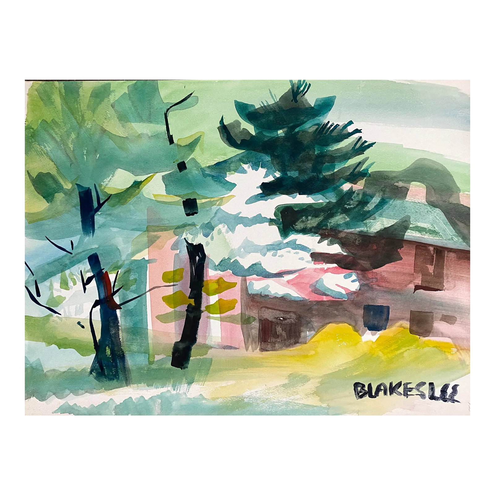 1960s Tina Blakeslee Spring Watercolor Landscape: 1960s watercolor on paper of a landscape painting by artist Tina Blakeslee. Signed lower right. Condition: Alterations: Original Condition Unaltered Imperfections: Some Imperfections Condition Notes: