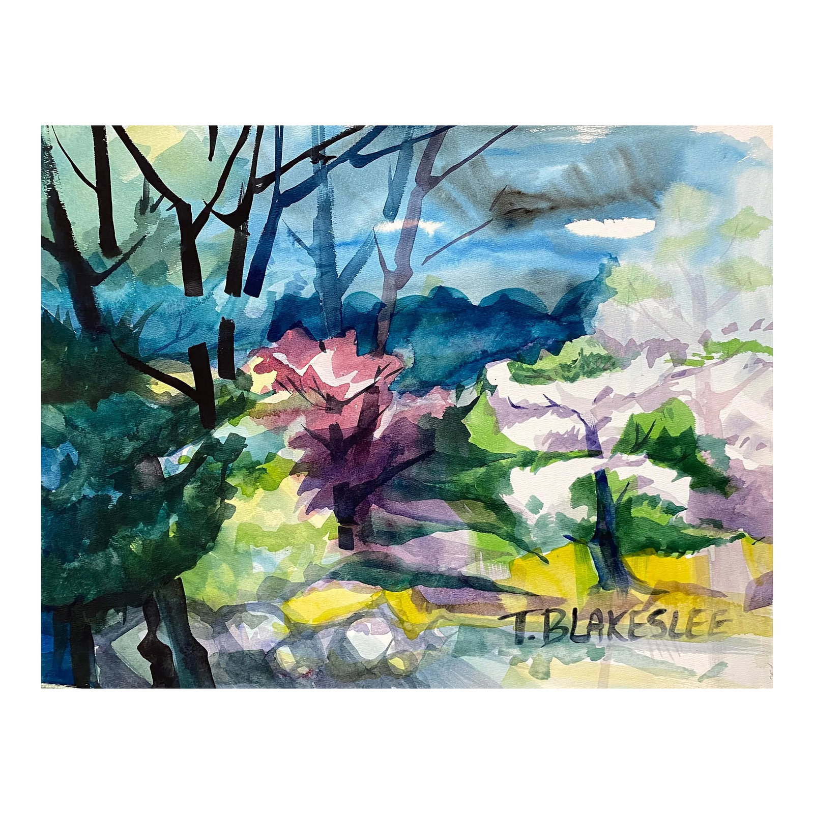 1960s Tina Blakeslee Modern Spring Landscape Painting: 1960s Watercolor on paper of a Spring scene by artist Tina Blakeslee. Signed lower right. Condition: Alterations: Original Condition Unaltered Imperfections: Some Imperfections Condition Notes: