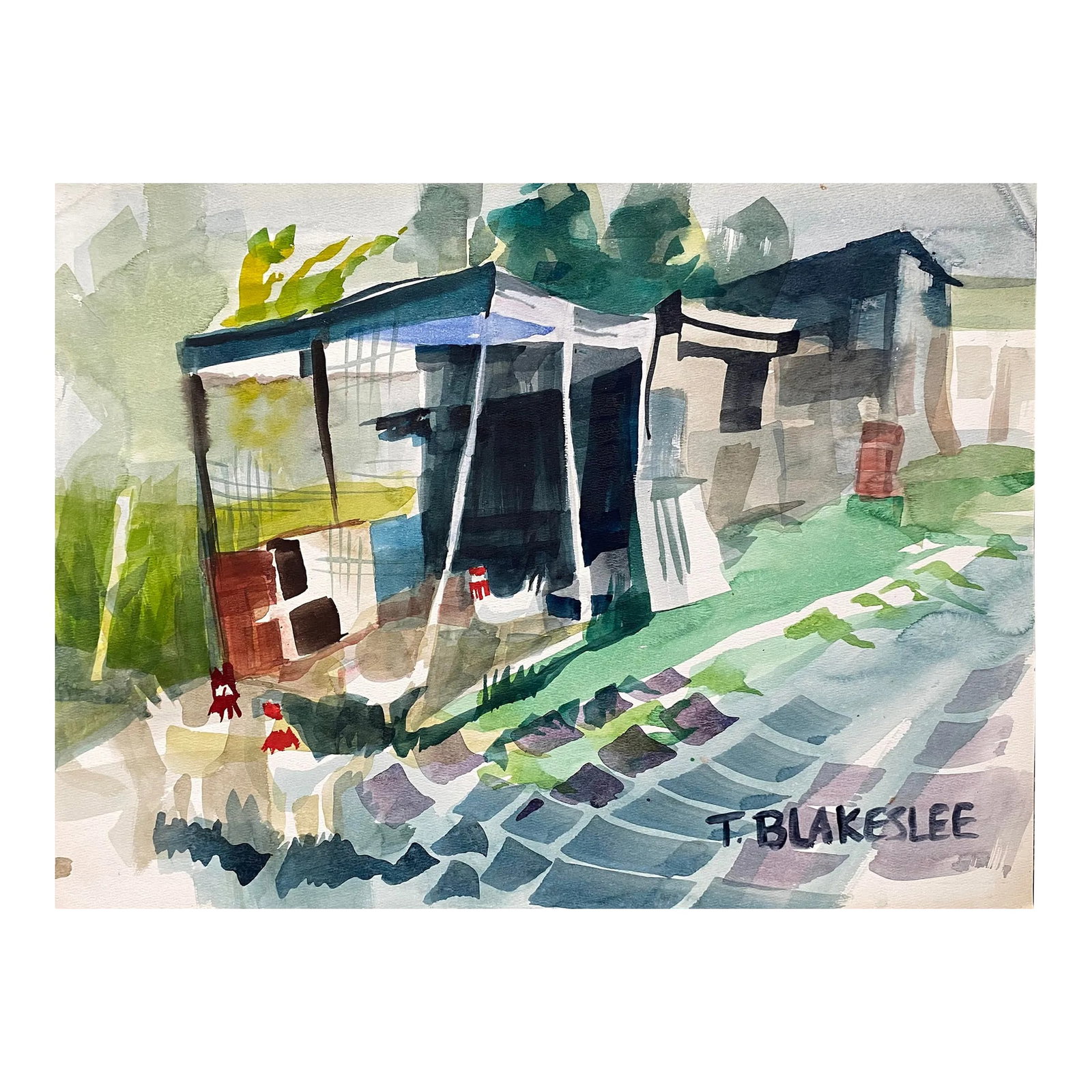 1960s Tina Blakeslee Modern Farm Scene With Chickens: 1960s Watercolor on paper of a barn and chicken coop by artist Tina Blakeslee. Signed lower right. Condition: Alterations: Original Condition Unaltered Imperfections: Some Imperfections Condition