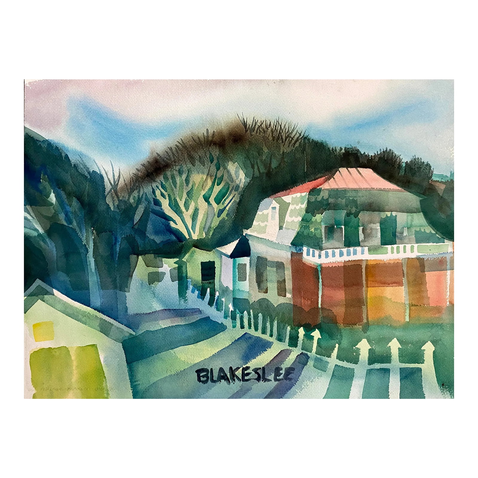 1960s Tina Blakeslee Houses in Modern Landscape Watercolor: 1960s Watercolor on paper of a house in a landscape by artist Tina Blakeslee. Signed lower center. Condition: Alterations: Original Condition Unaltered Imperfections: Some Imperfections Condition