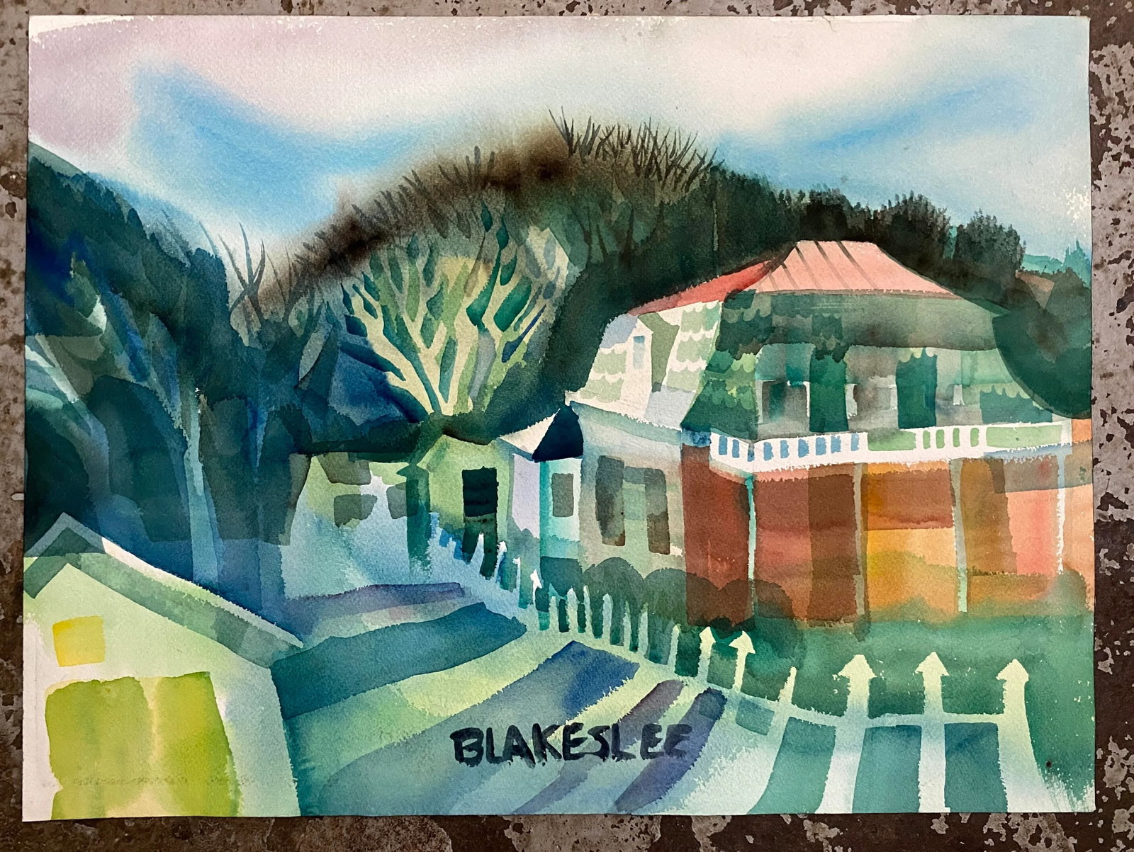 1960s Tina Blakeslee Houses in Modern Landscape Watercolor - 2