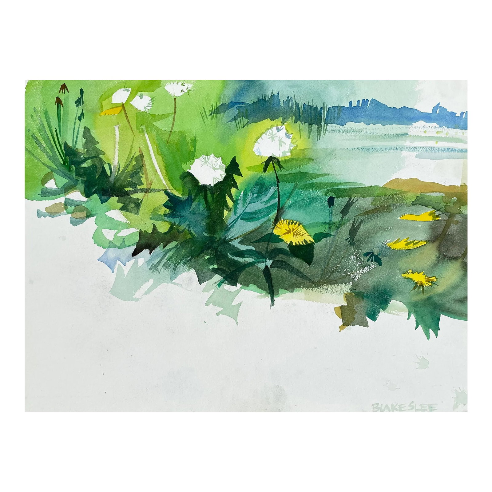 1960s Tina Blakeslee Mid Century Landscape: 1960s Watercolor on paper of a blooming flowers and water scene by artist Tina Blakeslee. Signed lower right. Condition: Alterations: Original Condition Unaltered Imperfections: Some Imperfections