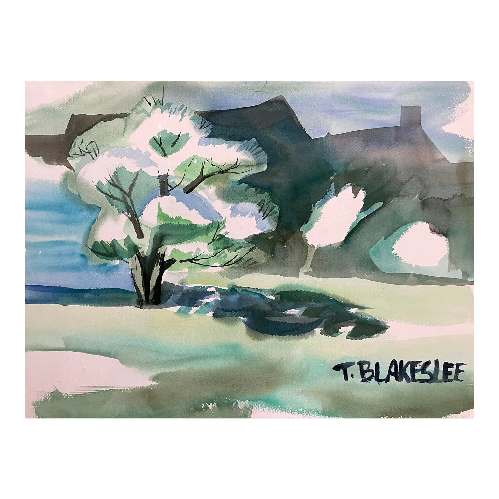 1960s Tina Blakeslee Spring Landscape Painting: 1960s Watercolor on paper of a Spring scene by artist Tina Blakeslee. Signed lower right. Condition: Alterations: Original Condition Unaltered Imperfections: Some Imperfections Condition Notes: Overal