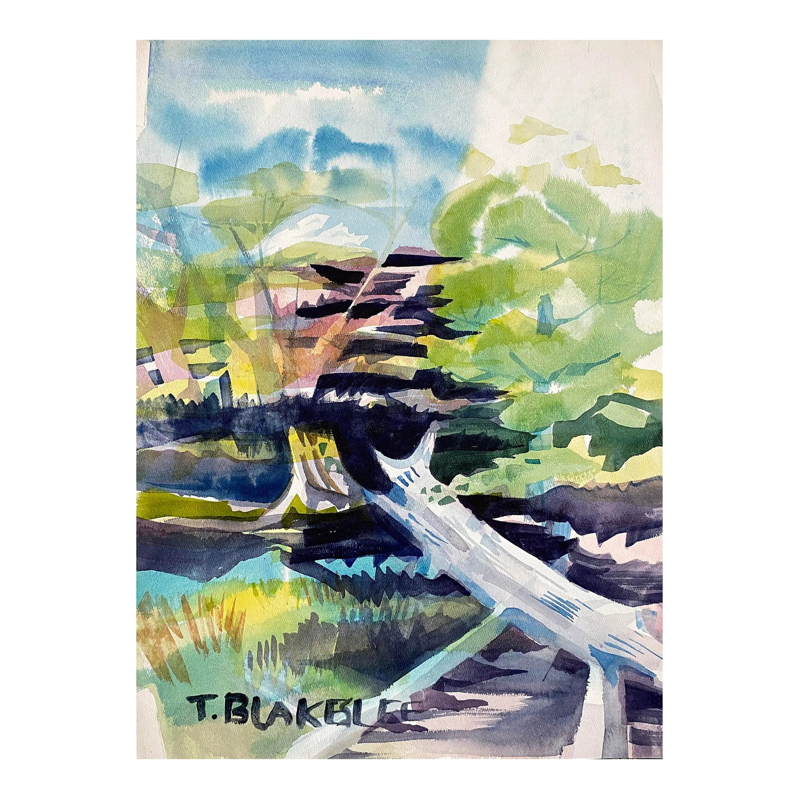 1960s Tina Blakeslee Modern Landscape Painting: 1960s Watercolor on paper of a forest landscape by artist Tina Blakeslee. Signed lower right. Condition: Alterations: Original Condition Unaltered Imperfections: Some Imperfections Condition Notes: