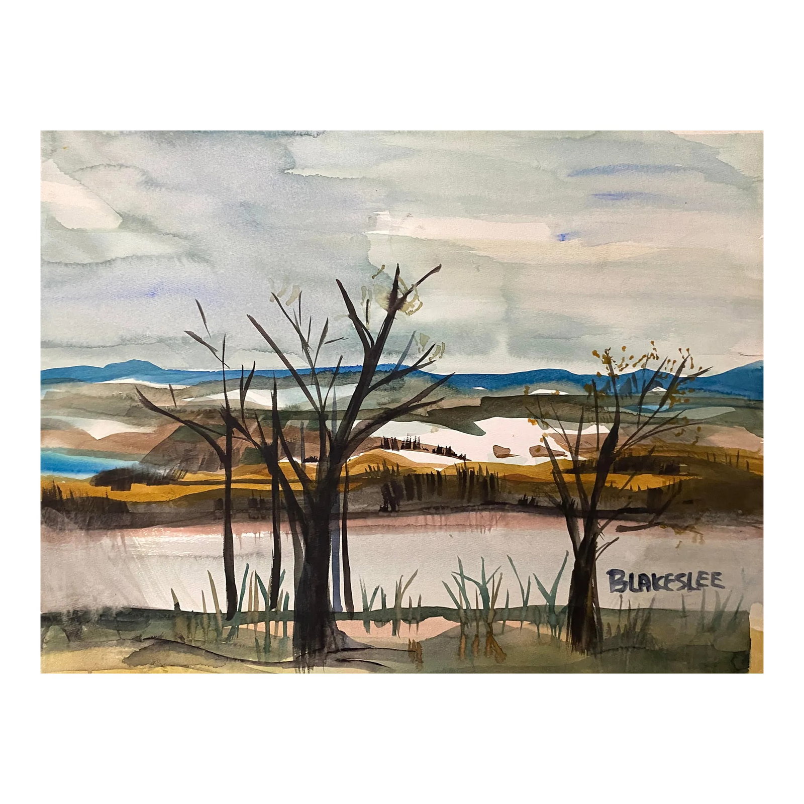 1960s Tina Blakeslee Mid Century Watercolor Landscape: 1960s Watercolor on paper of a panoramic landscape scene by artist Tina Blakeslee. Signed lower right. Condition: Alterations: Original Condition Unaltered Imperfections: Some Imperfections Condition