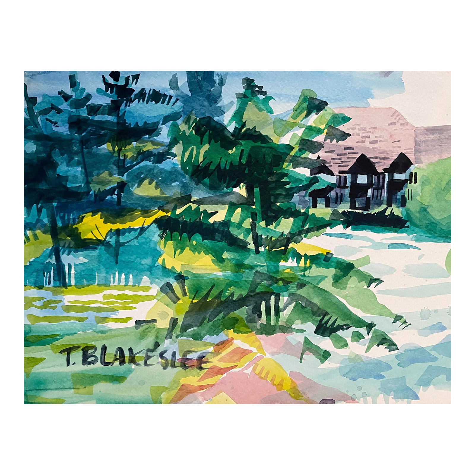 1960s Tina Blakeslee Modern Landscape Painting: 1960s Watercolor on paper of an evergreen landscape with a building by artist Tina Blakeslee. Signed lower left. Condition: Alterations: Original Condition Unaltered Imperfections: Some Imperfections
