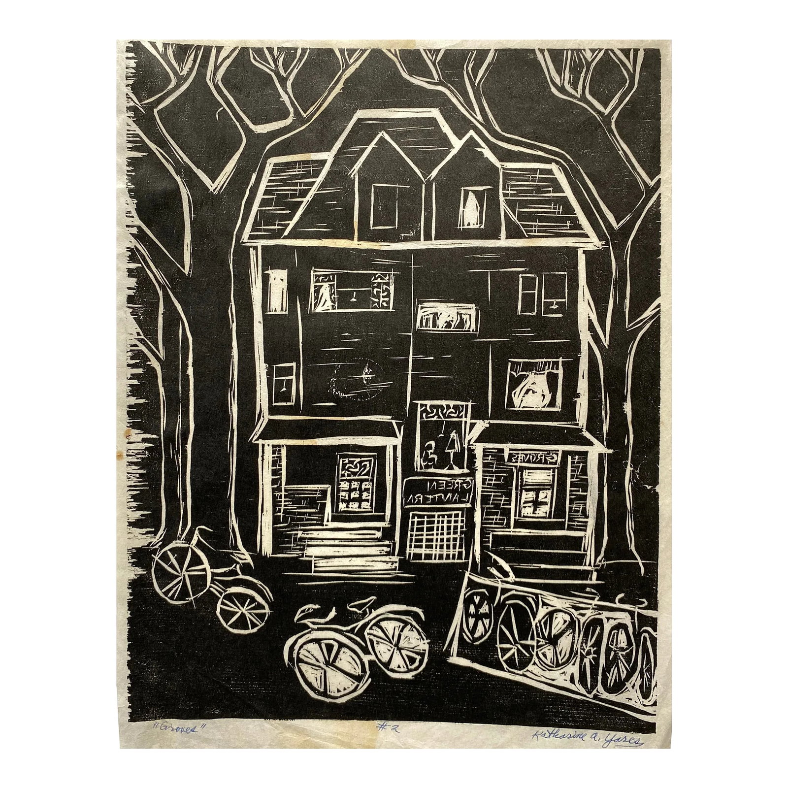 196s Kay Yares Groves House Woodblock Print: 1960s Katharine Yares woodblock print "Groves." Pencil signed and numbered 2. Condition: Alterations: Original Condition Unaltered Imperfections: Some Imperfections Condition Notes: Sheet stained and