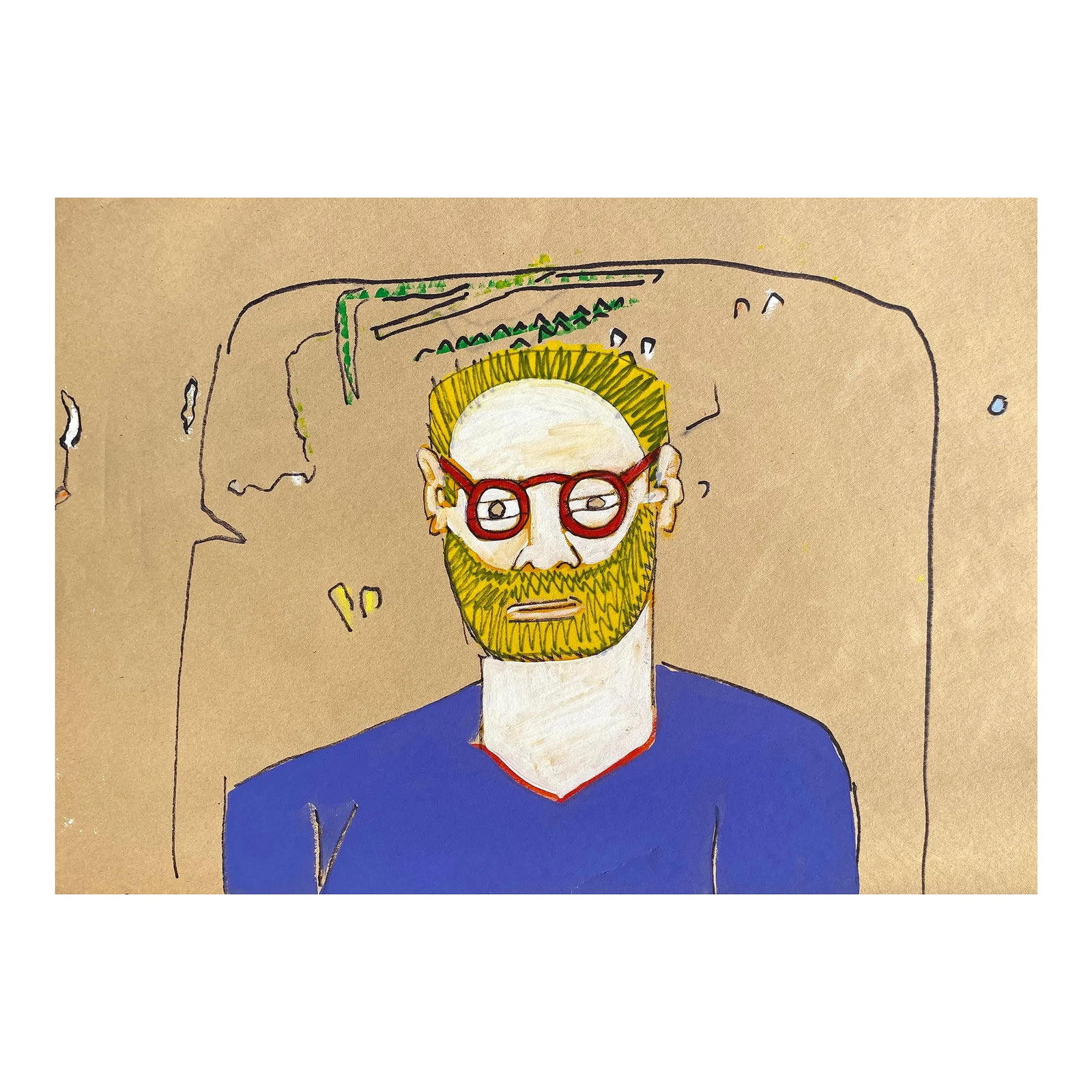 1960s Larry Connatser Self Portrait Painting: Painting on paper from the estate of Atlanta self taught artist Laurence Stuart Connatser (1938-1996). Connatser was born in Birmingham, Alabama and grew up in Atlanta. He earned degree in literature 