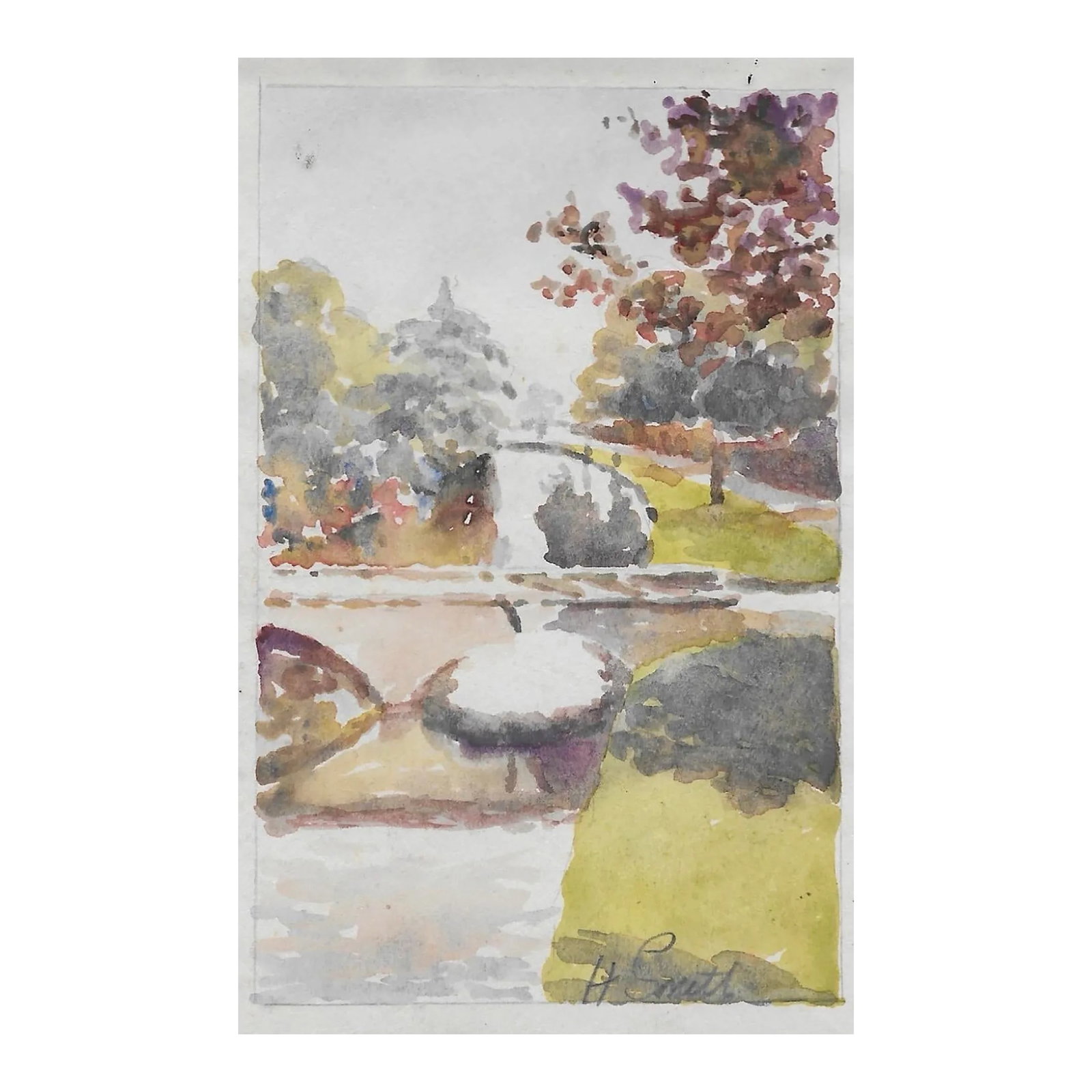 1945 Helen Smith Bourton on the Water English Village Watercolor: 1945 Helen Smith watercolor of the English village Bourton-on-the-Water in which she lived. Signed lower right. Condition: Alterations: Original Condition Unaltered Imperfections: Some Imperfections