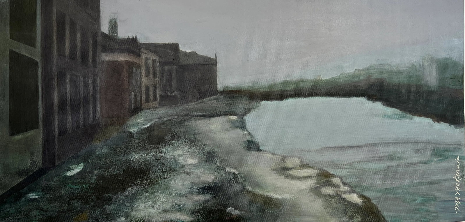 Beside the River Contemporary Impressionist Nautical River Waterscape in Blue, Green by Mill Valle: Title: "Beside the River" The peaceful ambiance of a quaint, riverside neighborhood harmoniously blends with the gentle flow of a canal following a recent rain. Original (New) - Acrylic on canvas My