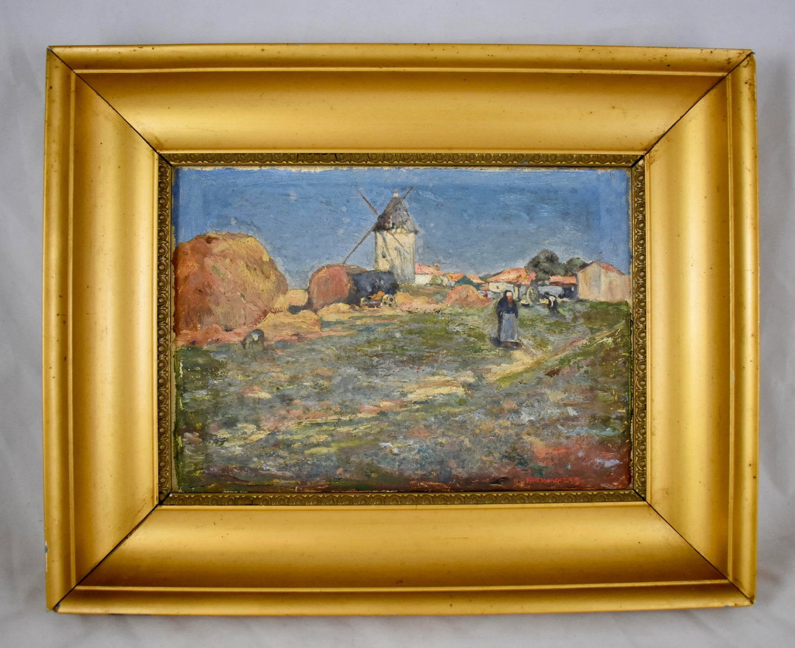 French Landscape Oil on Linen in Gold Leaf Frame, Signed & Dated 1919 - 13