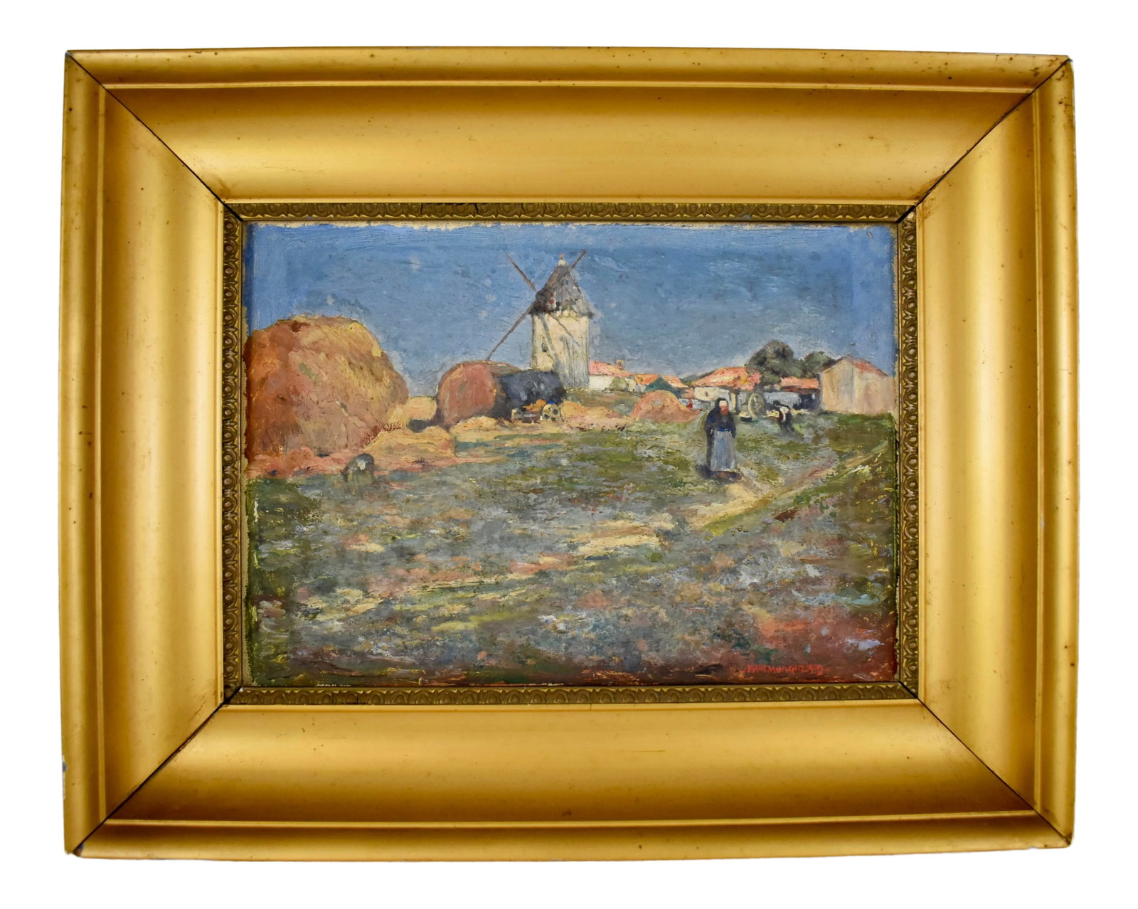 French Landscape Oil on Linen in Gold Leaf Frame, Signed & Dated 1919: Found in France, an oil on linen landscape painting, mounted in a wide, gold-leafed wood frame, signed and dated 1919. Painted by the French artist Marc Mongin, the scene is typical of the small farms
