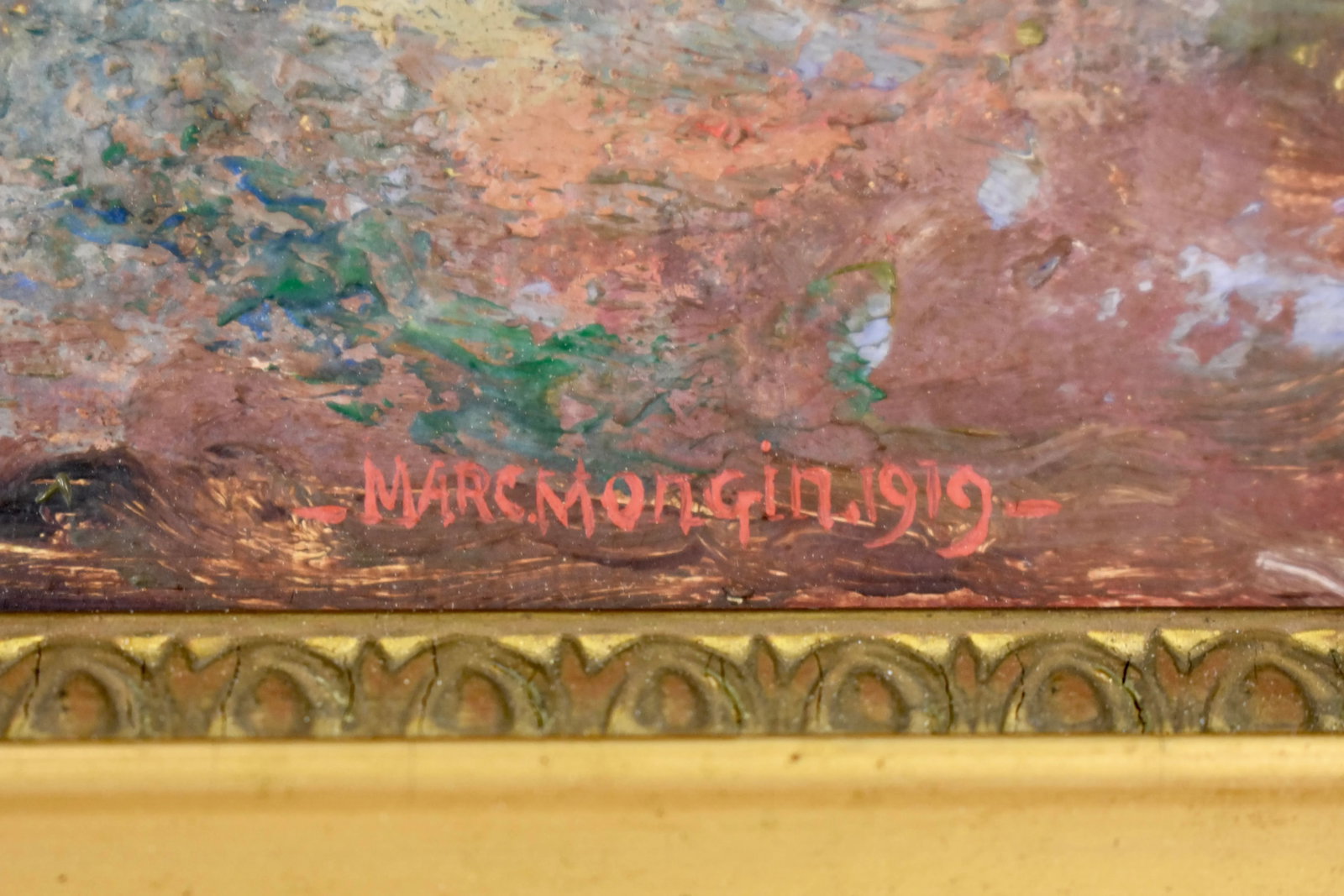 French Landscape Oil on Linen in Gold Leaf Frame, Signed & Dated 1919 - 2