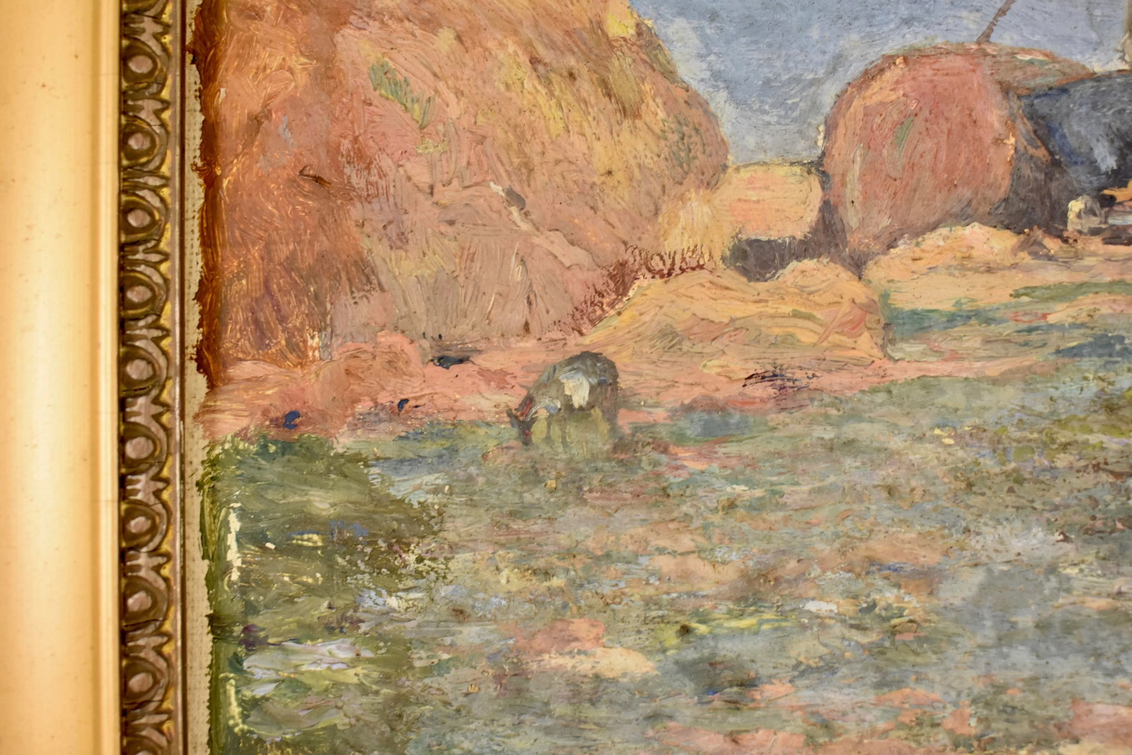 French Landscape Oil on Linen in Gold Leaf Frame, Signed & Dated 1919 - 4