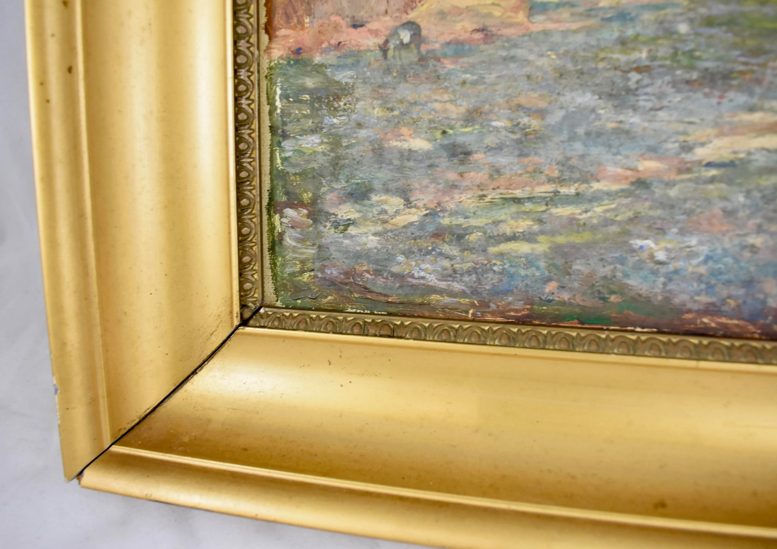 French Landscape Oil on Linen in Gold Leaf Frame, Signed & Dated 1919 - 8