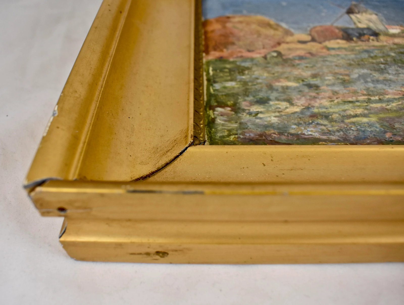 French Landscape Oil on Linen in Gold Leaf Frame, Signed & Dated 1919 - 9