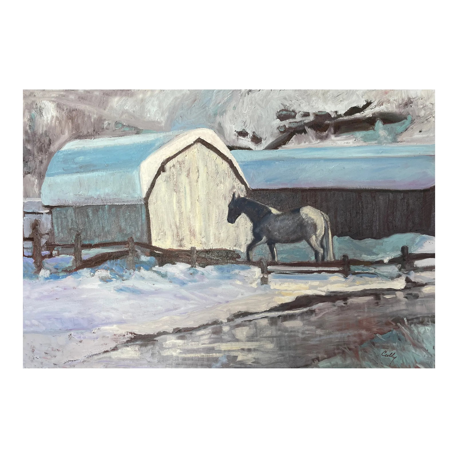 Oil Painting 24x36: Large oil painting of creek scene with white horse and nice light against dark areas. The title of this is Bear River Horse, a place in the Rocky Moutains in which the Native Americans named the BEAR