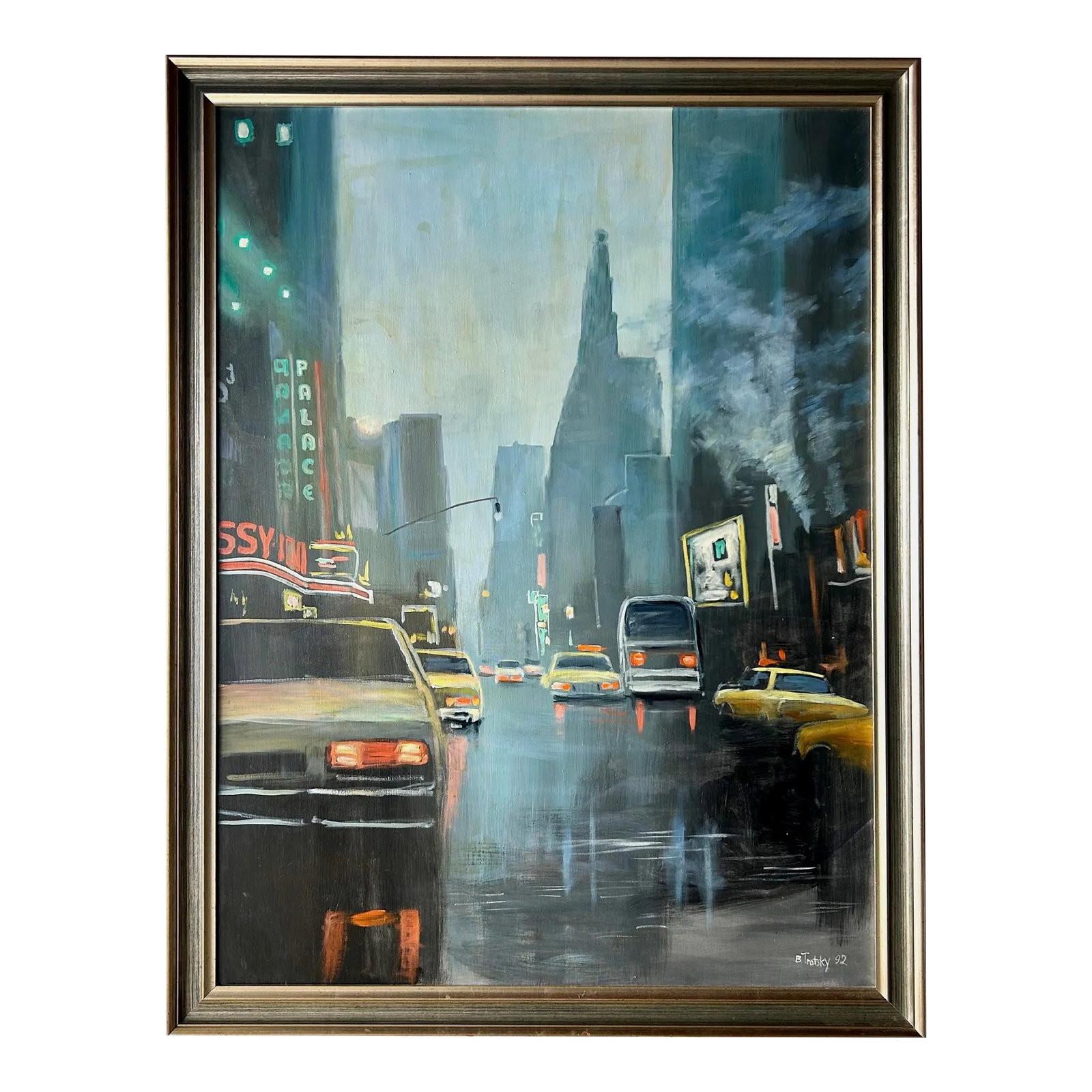 Vintage New York City Street Cityscape - Times Square & Taxis Painting, 1992: This vintage New York City streetscape painting, created in 1992 by B. Trotsky, captures the essence of Times Square and its iconic taxis. Measuring 36" x 48" on oil on linen, with the frame full dime