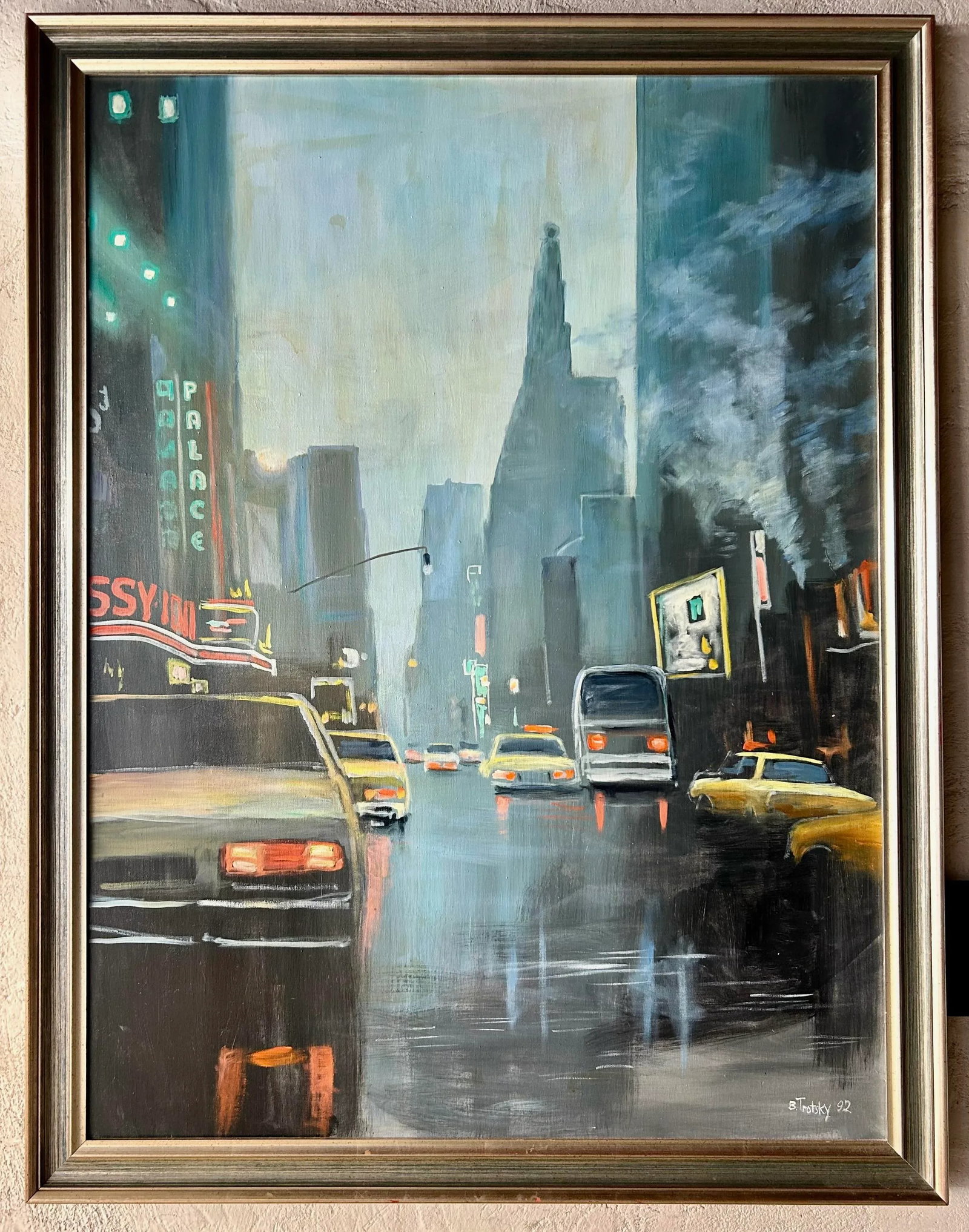 Vintage New York City Street Cityscape - Times Square & Taxis Painting, 1992 - 4