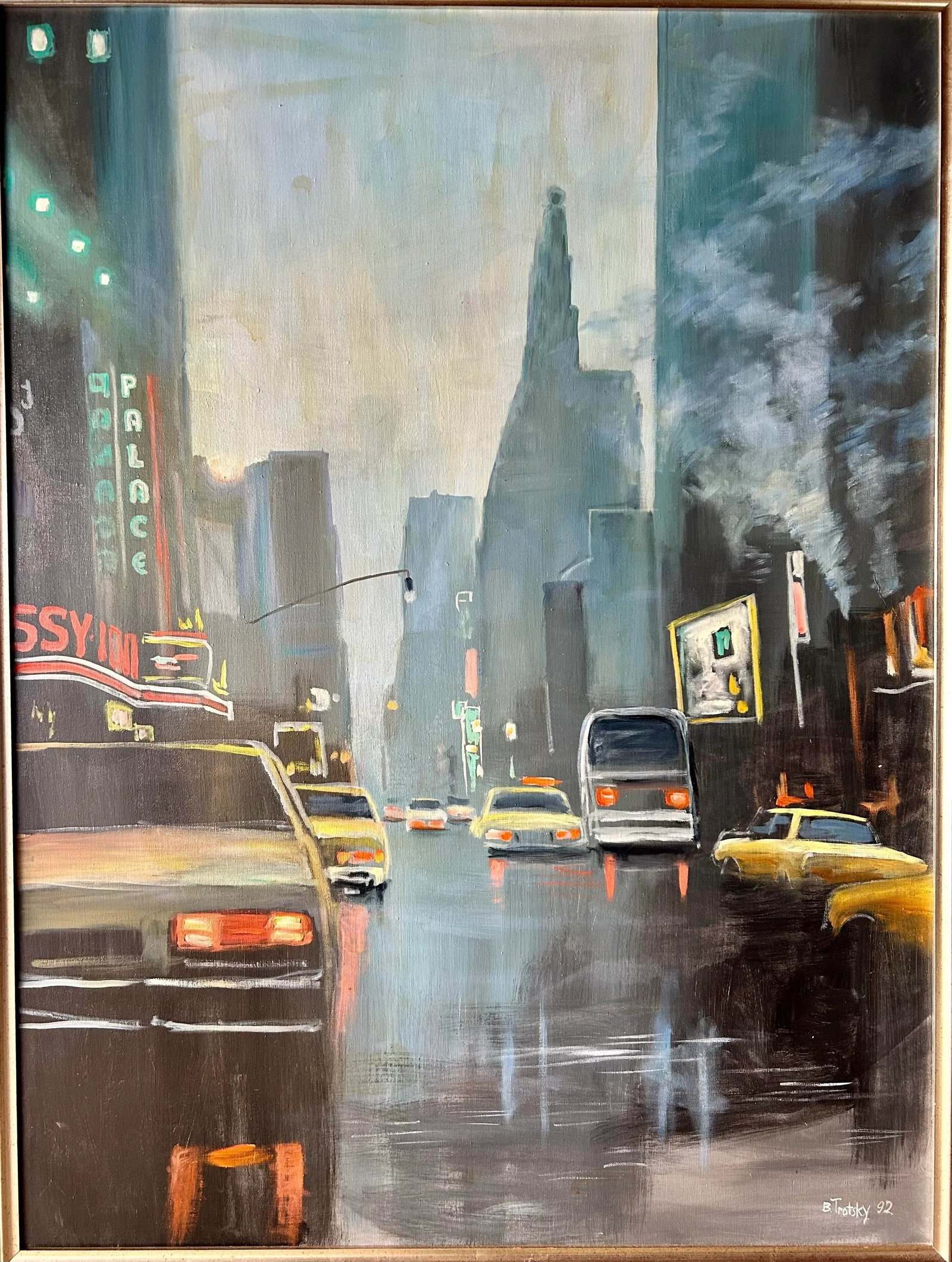 Vintage New York City Street Cityscape - Times Square & Taxis Painting, 1992 - 5