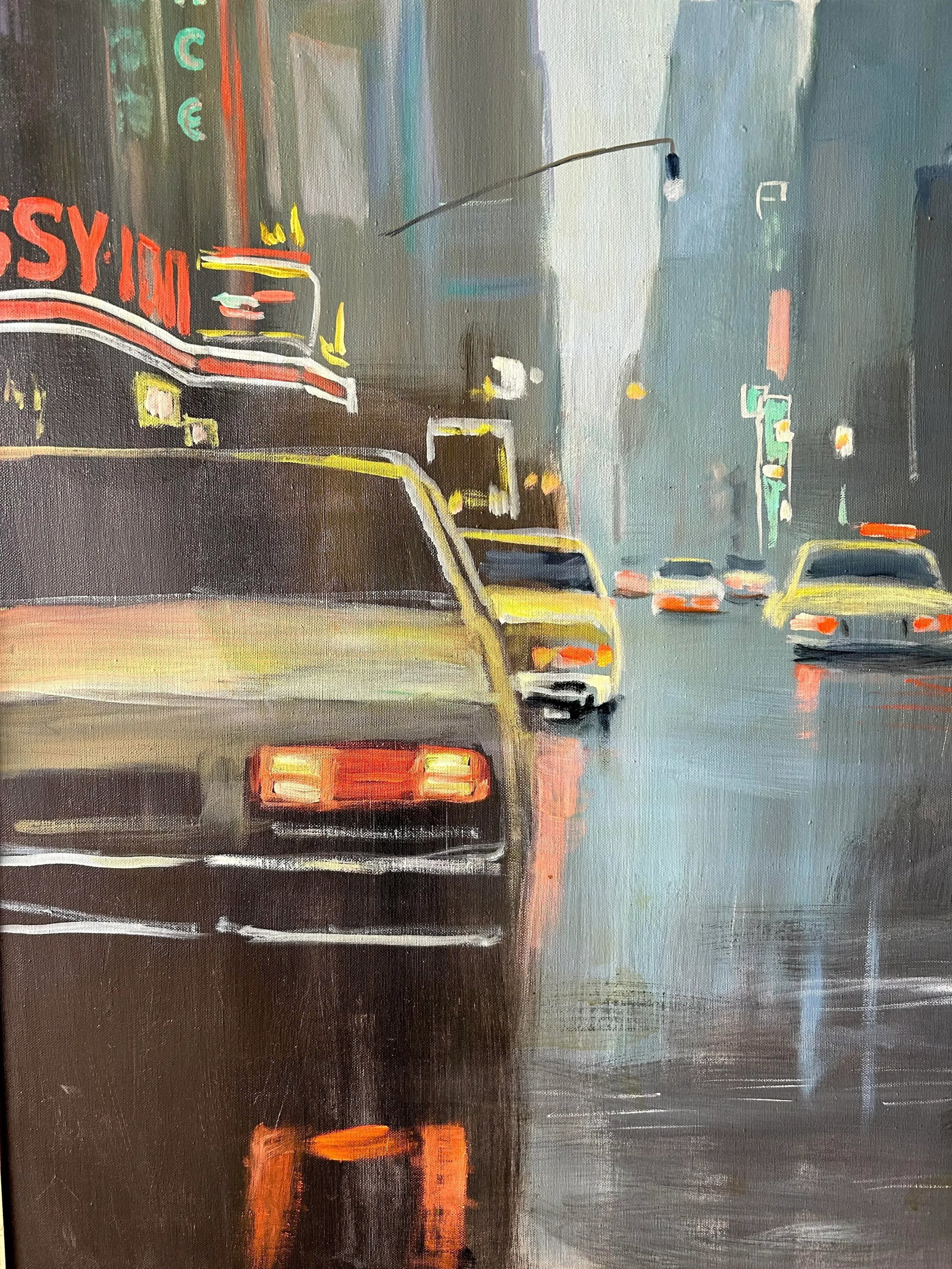 Vintage New York City Street Cityscape - Times Square & Taxis Painting, 1992 - 8
