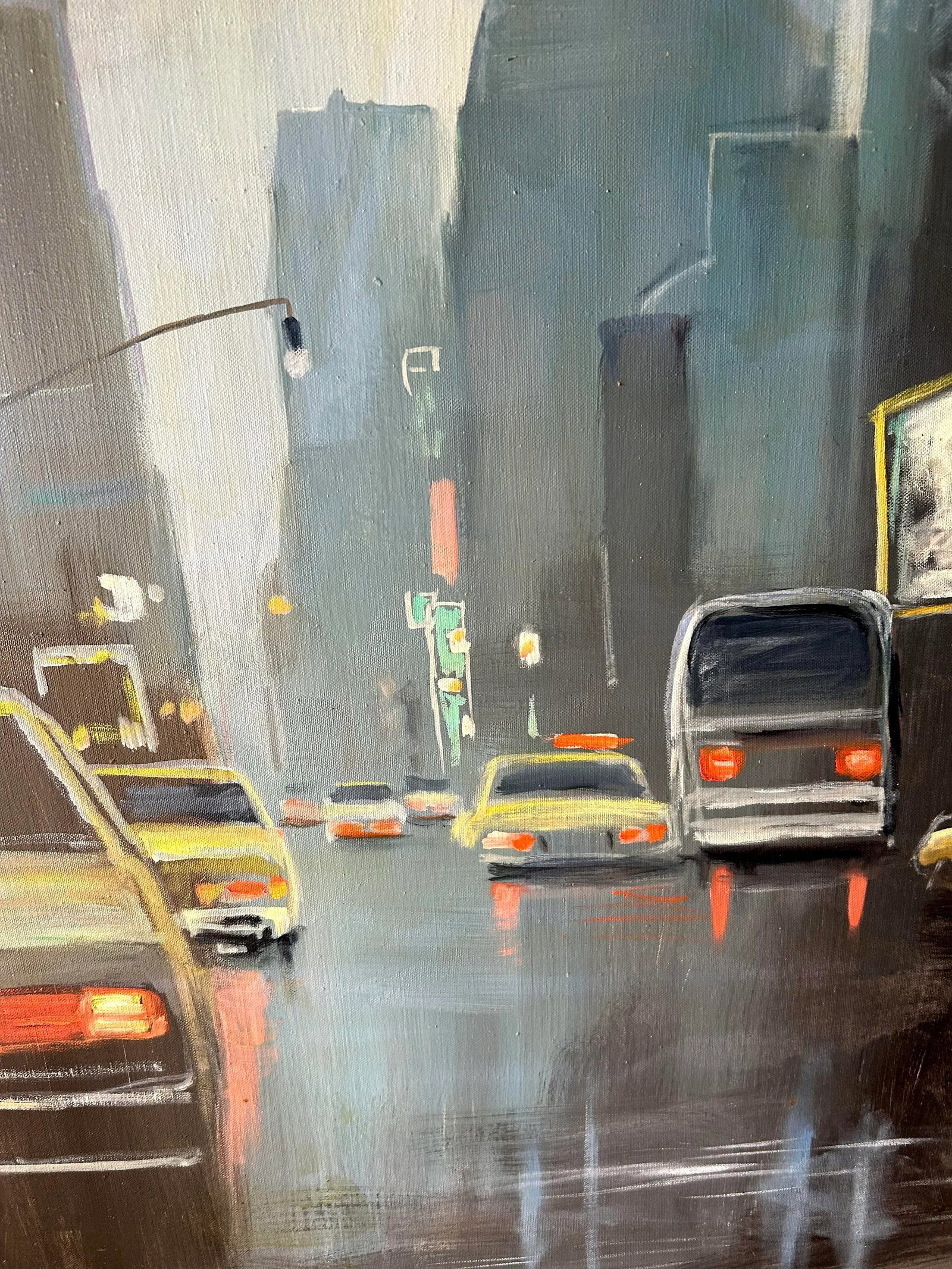 Vintage New York City Street Cityscape - Times Square & Taxis Painting, 1992 - 9