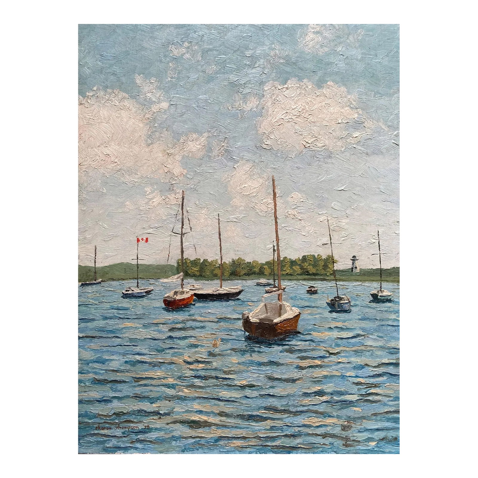 Sailboats at Anchor (Vintage Landscape Seascape Painting), Sharon Thompson: We originally had the name of the actual bay in Canada this fine painting depicts, but have been unable to dig it up. At any rate, it shows a number of sailboats with sails lowered, on the stippled