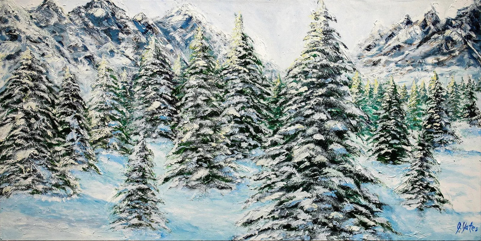 Colorado Winter Wonderland, Original Painting: Cascading through the Colorado Mountains we came to this valley with majestic trees draped with a winter beard of snow and it motivated my imagination to create Colorado Winter Wonderland. Condition: 