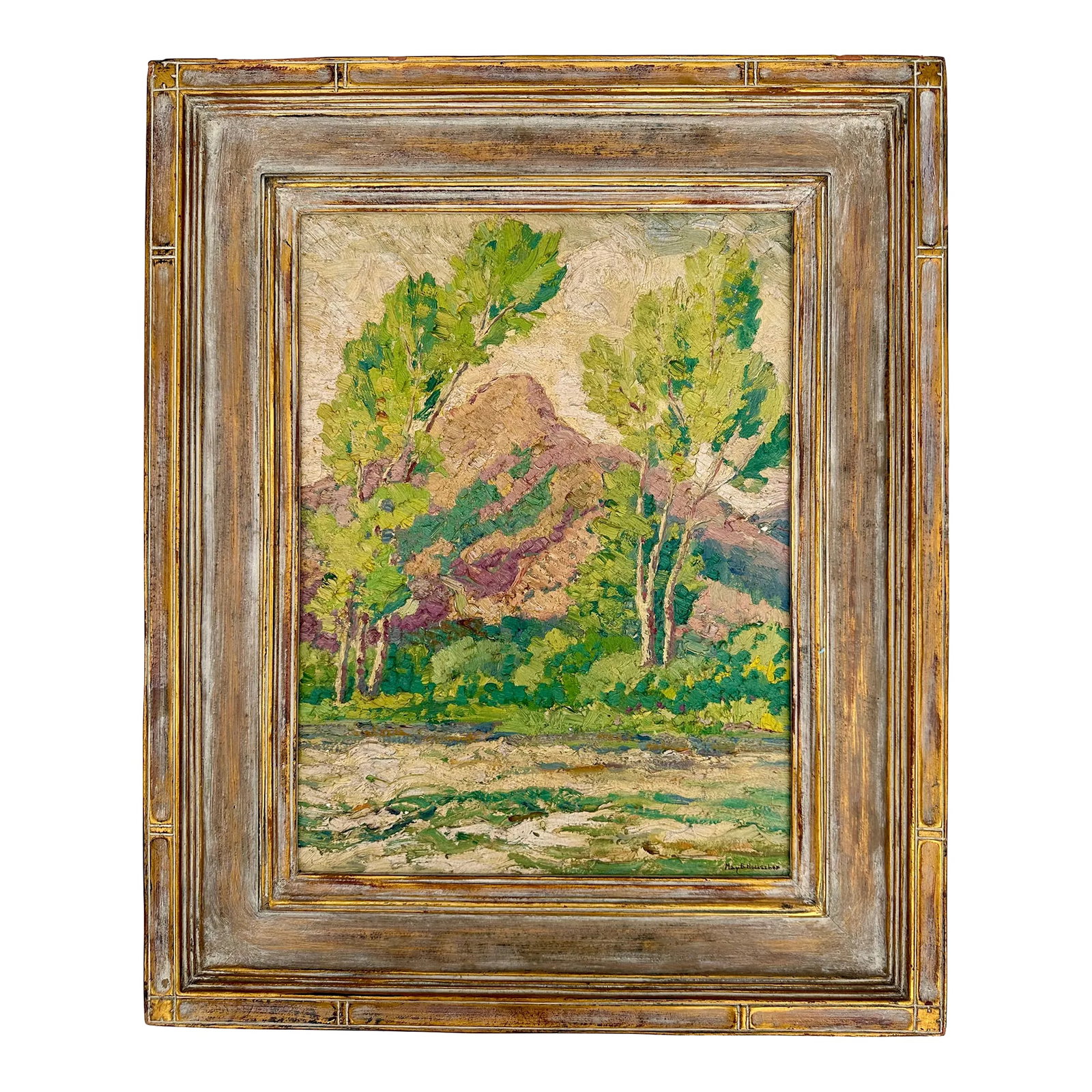 1920's Estes Park Colorado Oil Painting of Long Peak by May B. Hoelscher: Early 20th century framed oil painting of Long Peak in Estes Park, Colorado. From May B. Hoelscher (1884-1936), a graduate of the Chicago Art institute and a member of the American Federation of