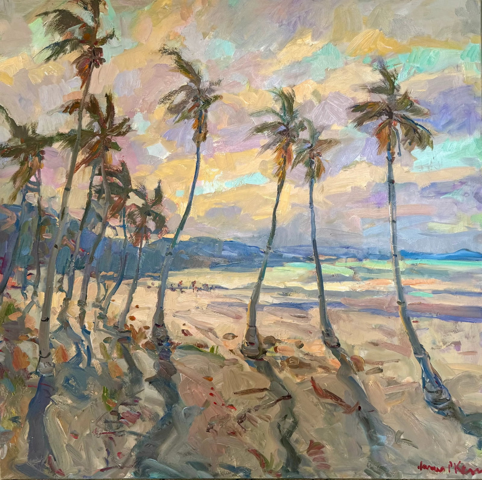 Costa Rica Palms Contemporary Coastal Painting by James P. Kerr: 48x48. Oil on canvas by Florida artist James P. Kerr. Signed lower right of painting, signed and inscribed on the back Condition: Alterations: Original Condition Unaltered Imperfections: Some