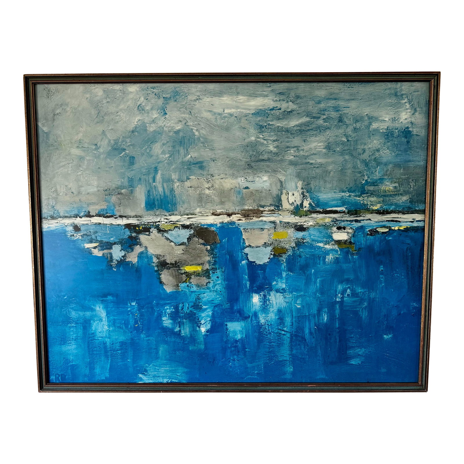 Mid Century Raymond De Botton "The Blue Coast" Framed Lithograph: Mid Century lithograph print of Raymond de Botton "The Blue Coast" Stunning abstract seascape framed under matte glass. The matte glass is intentionally made to make the lithograph appear painted & is